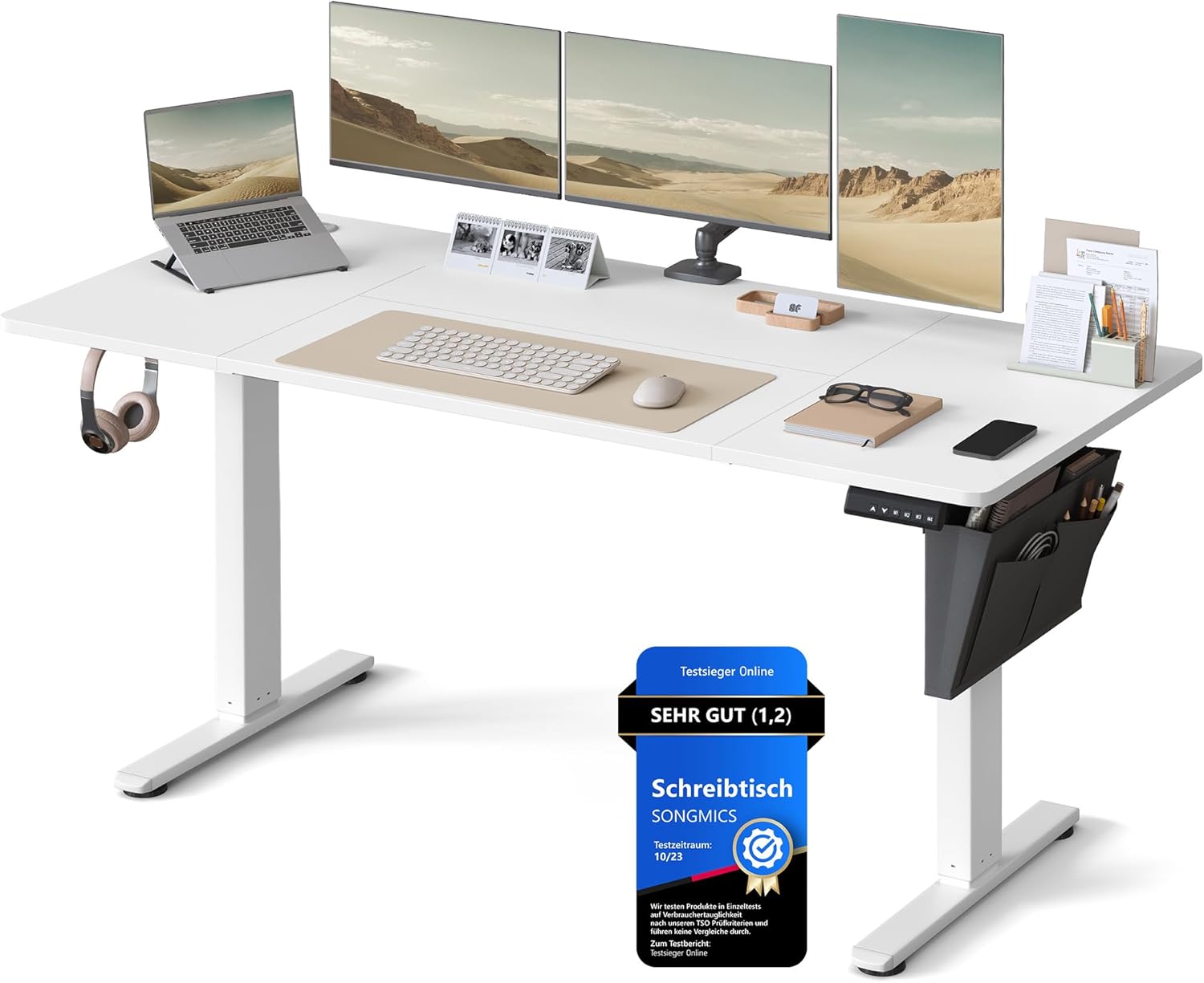 SONGMICS Höhenverstellbarer Schreibtisch elektrisch, 160 x 70 cm, stufenlos verstellbar, Memory-Funktion mit 4 Höhen, wolkenweiß LSD136W01