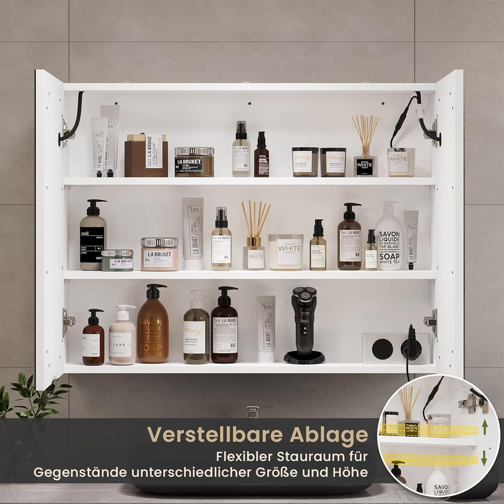 DICTAC Badezimmer spiegelschrank mit Beleuchtung 80x60x16cm Spiegelschrank Bad mit LED und Steckdose 80 cm Breit Doppeltür Badschrank mit Spiegel und Ablage,Hängeschrank,Berührung Sensorschalter,Weiß