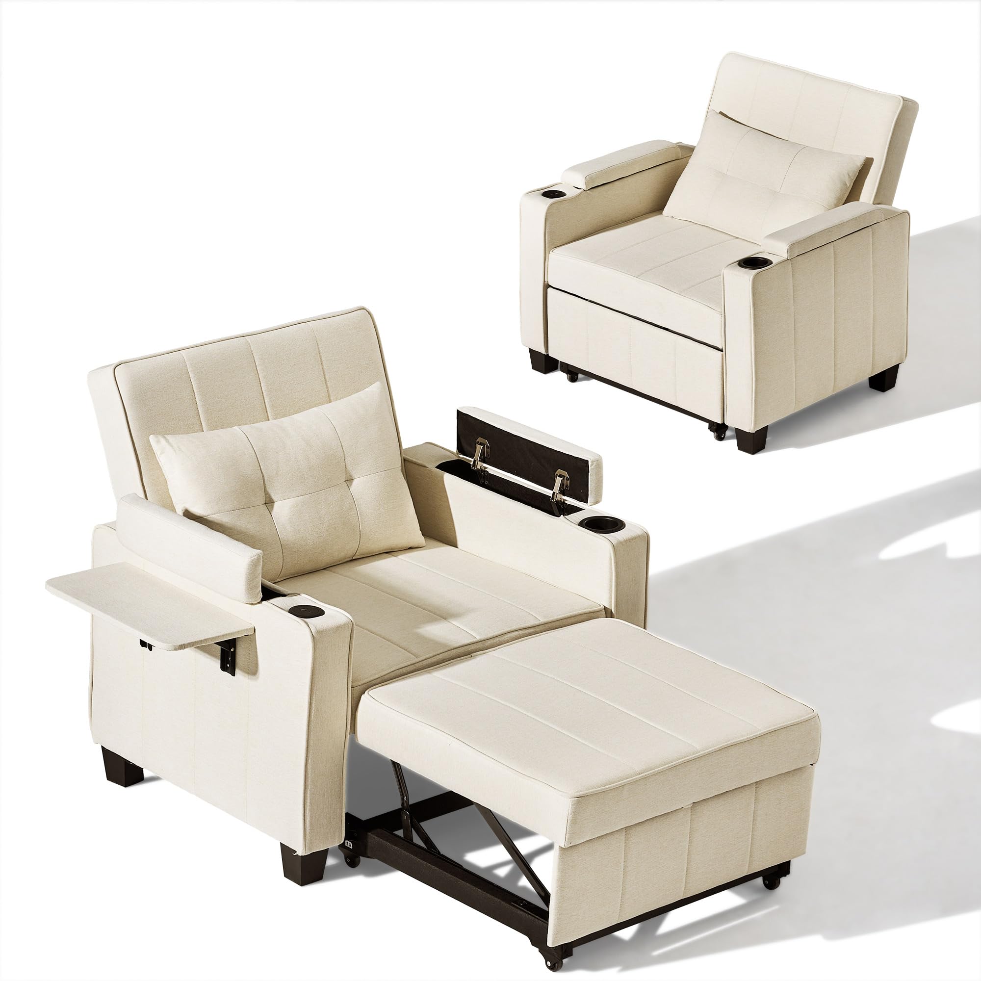 CLIPOP Schlafsofa, 3-in-1 Schlafsessel mit Bettfunktion, Ausziehbarer Sofa mit Schlaffunktion mit USB-C, 3-stufig Verstellbarer Rückenlehne (105°-160°), Stauraum & Getränkehalter (Cordsamt, Grau)