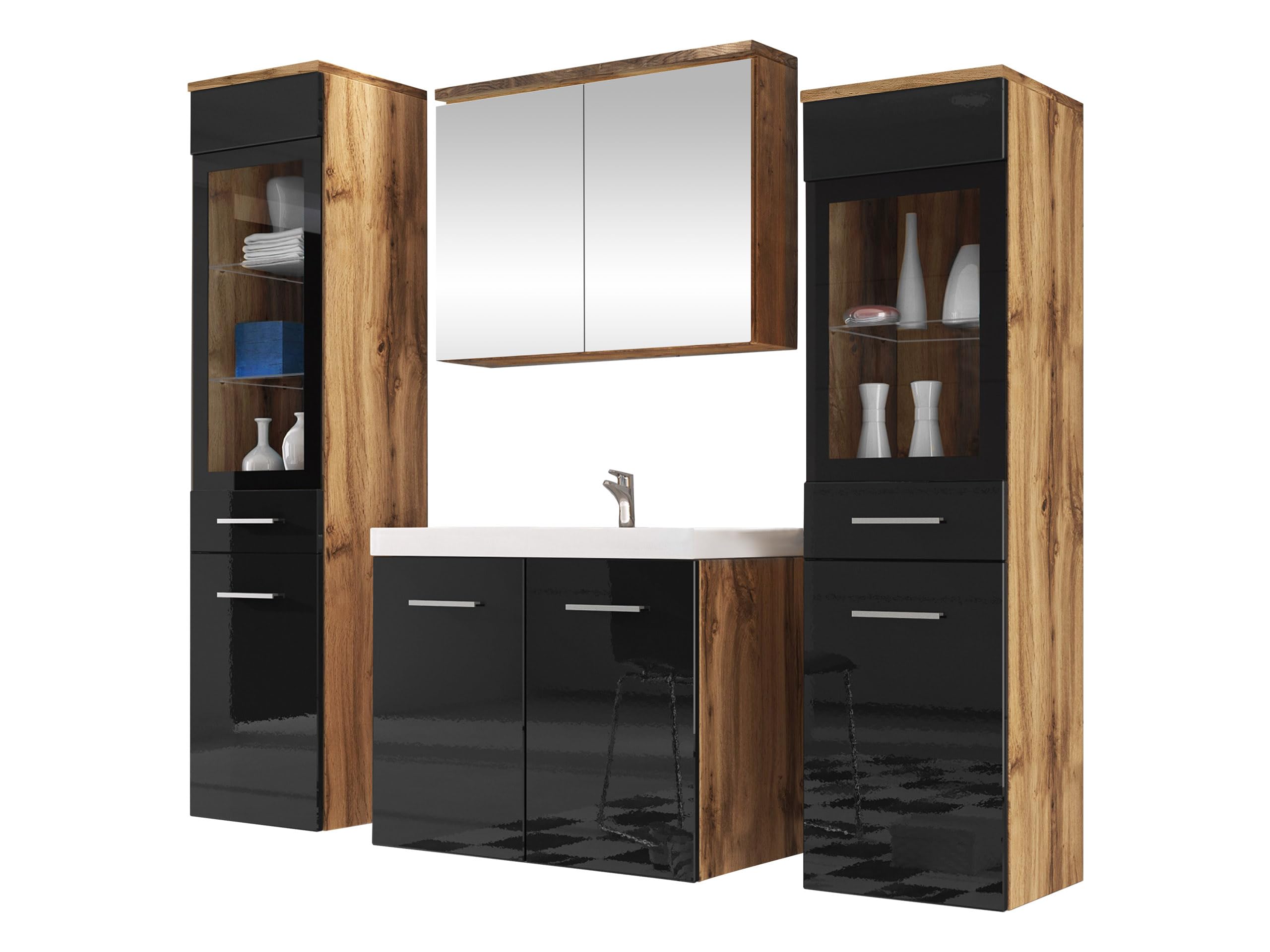 Mirjan24 Badmöbel Set Madrit II mit Waschbecken und Siphon, Komplettprogramme für Spiegelschrank, Waschtisch, Hochschrank (Kastanien Breslau/Grau Hochglanz, ohne Beleuchtung)