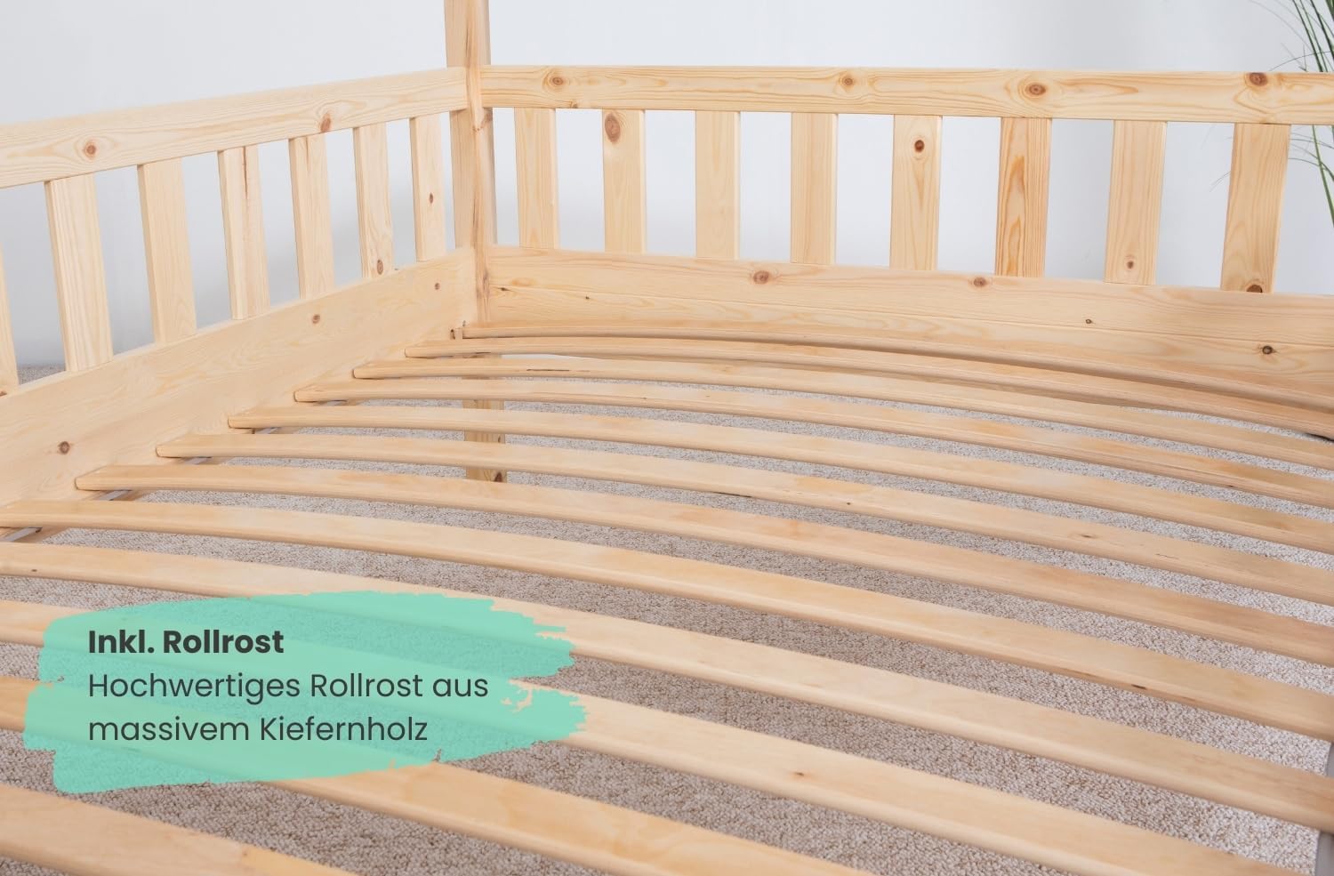 TiCAA Kinderbett Hausbett Montessori Kay 90x200, 100x200 cm, 120x200 cm, 140x200 für Jungen & Mädchen mit Schubladen, Rausfallschutz & Rolllattenrost - aus Kiefer Massivholz für Kinderzimmer