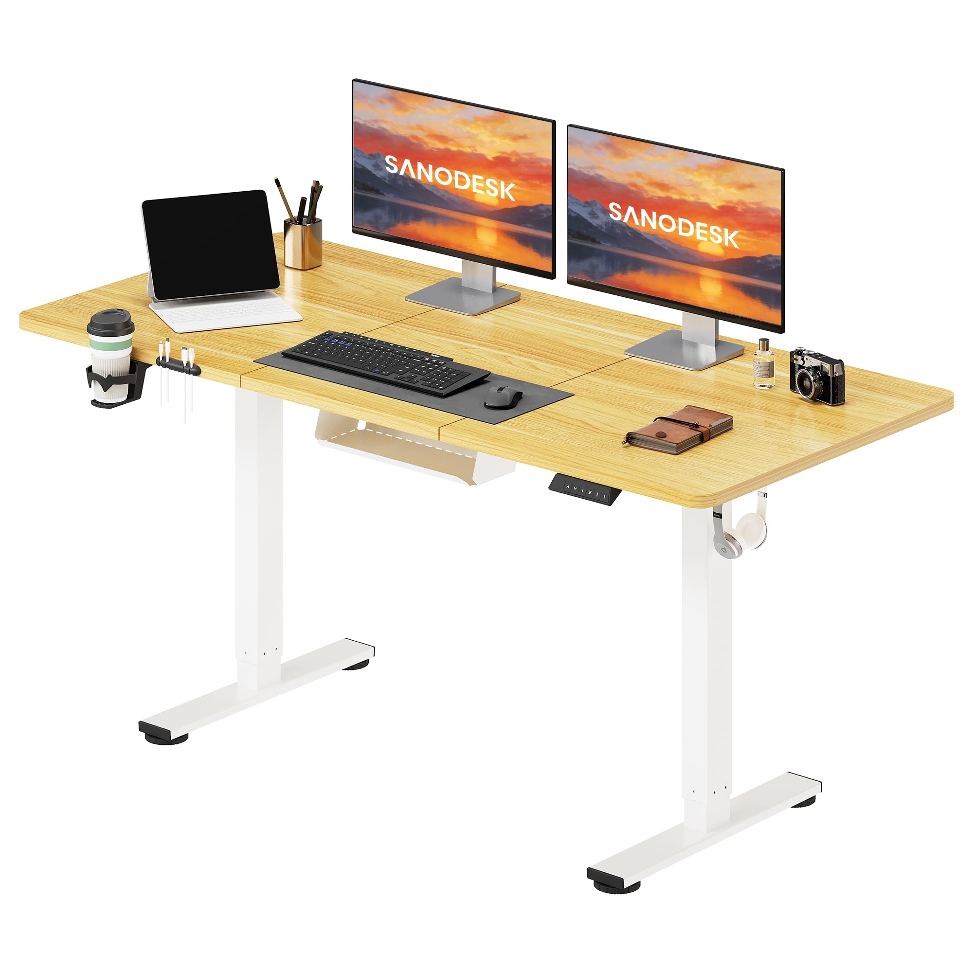 SANODESK Höhenverstellbarer Schreibtisch 110×54 cm – Kompakter Standing Desk mit praktischem Zubehör, ideal für kleine Räume, leise & sicher mit Anti-Kollisions-Schutz(Weiß)