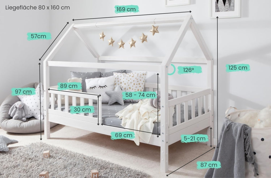 TiCAA Kinderbett Hausbett Kay 90x200 cm, 100x200 cm, 120x200 cm, 140x200 für Jungen & Mädchen, inkl. Rolllattenrost, Rausfallschutz variabel, Montessori Bett weiß aus Kiefer Massivholz