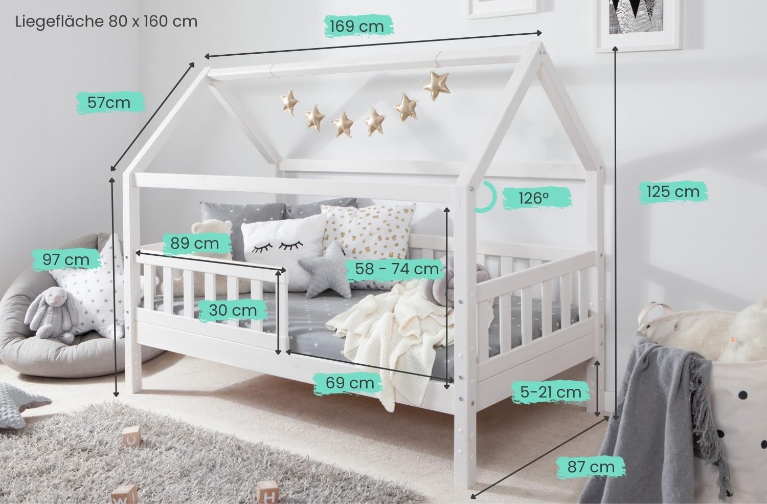 TiCAA Kinderbett Hausbett Kay 90x200 cm, 100x200 cm, 120x200 cm, 140x200 für Jungen & Mädchen, inkl. Rolllattenrost, Rausfallschutz variabel, Montessori Bett weiß aus Kiefer Massivholz