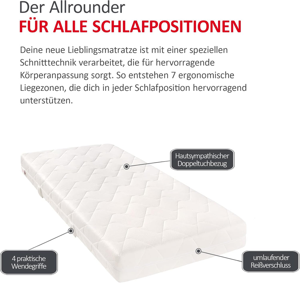 Matratzen Concord Taschenfederkernmatratze Sleepsy Kalio 100x200 cm, 7-Zonen Federkernmatratze, Matratze Härtegrad H2