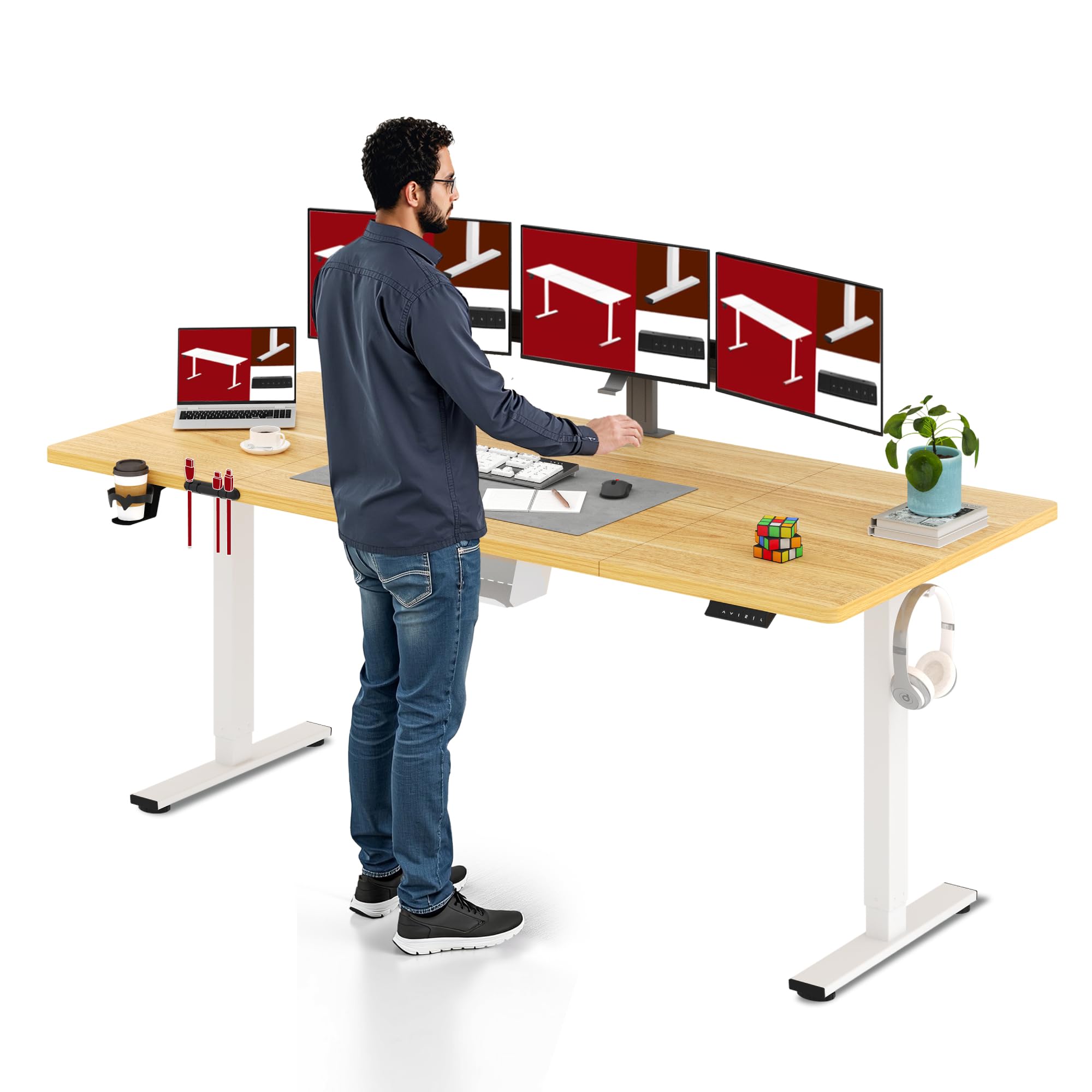 SANODESK Höhenverstellbarer Schreibtisch 110×54 cm – Kompakter Standing Desk mit praktischem Zubehör, ideal für kleine Räume, leise & sicher mit Anti-Kollisions-Schutz(Weiß)