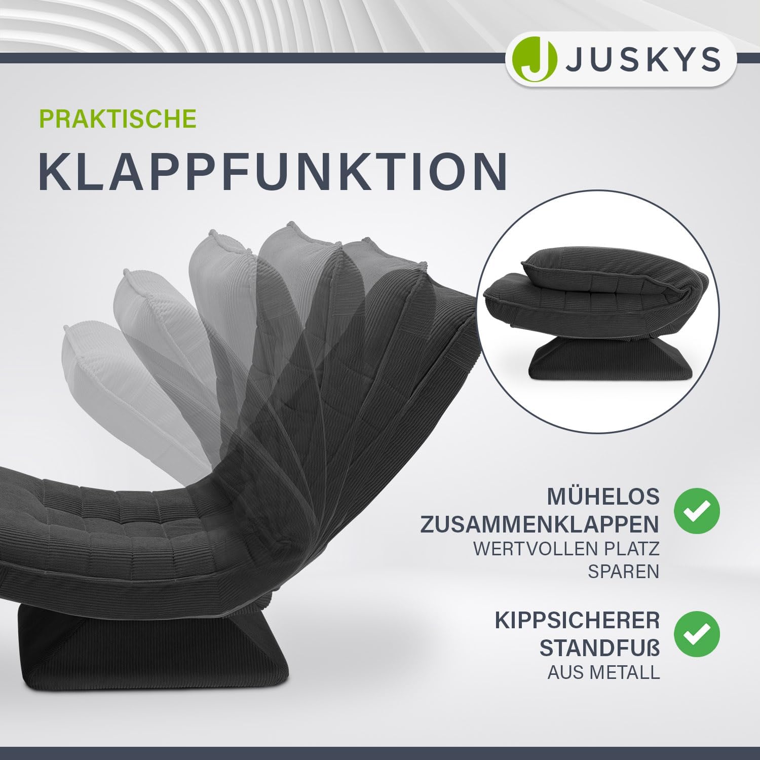 Juskys Relaxsessel Korsika - Ergonomisch & 360° drehbar, klappbar mit 5-lagiger Polsterung - Gemütlicher Cord Sessel für Wohnzimmer - Grau