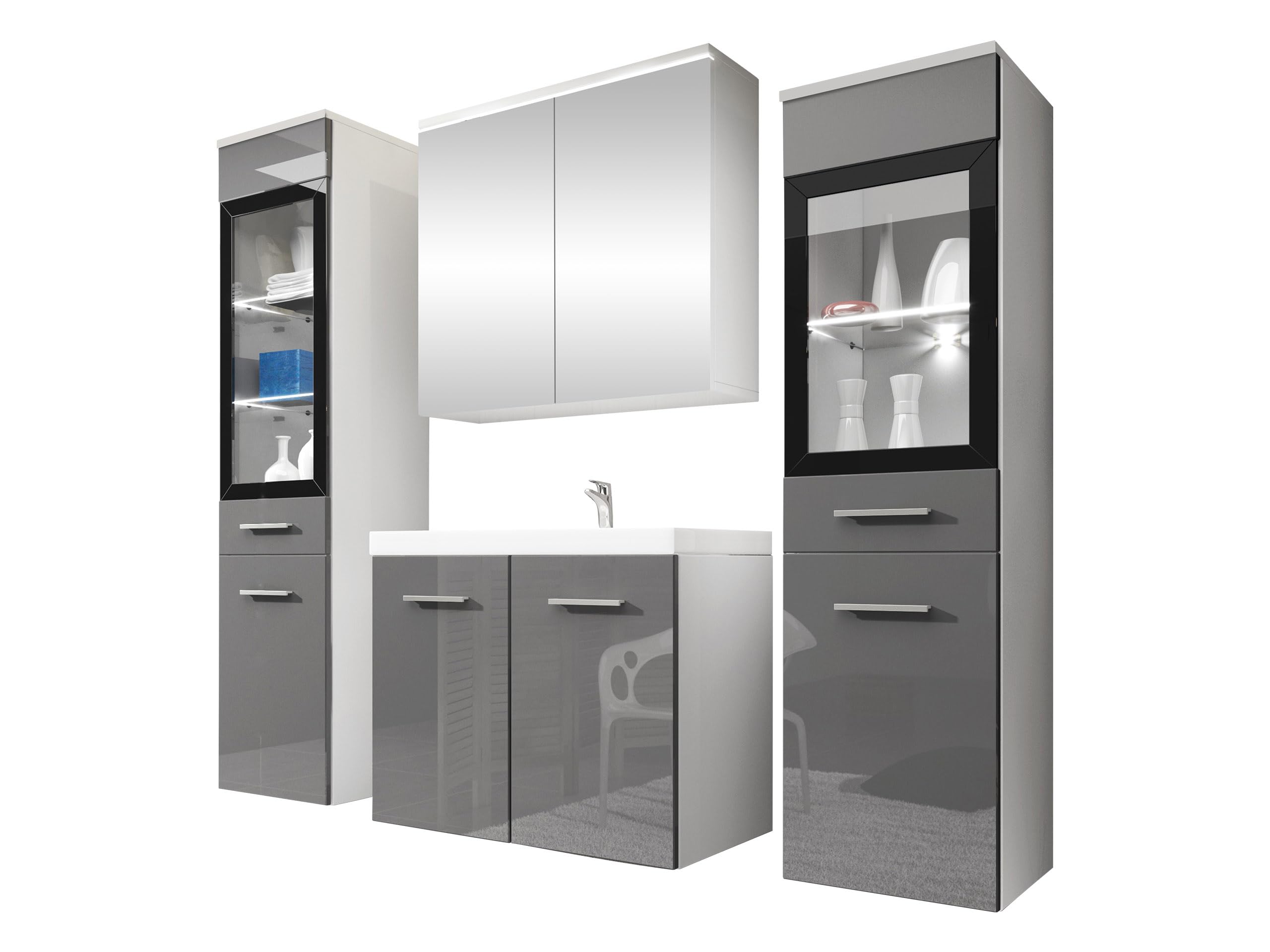 Mirjan24 Badmöbel Set Madrit II mit Waschbecken und Siphon, Komplettprogramme für Spiegelschrank, Waschtisch, Hochschrank (Kastanien Breslau/Grau Hochglanz, ohne Beleuchtung)