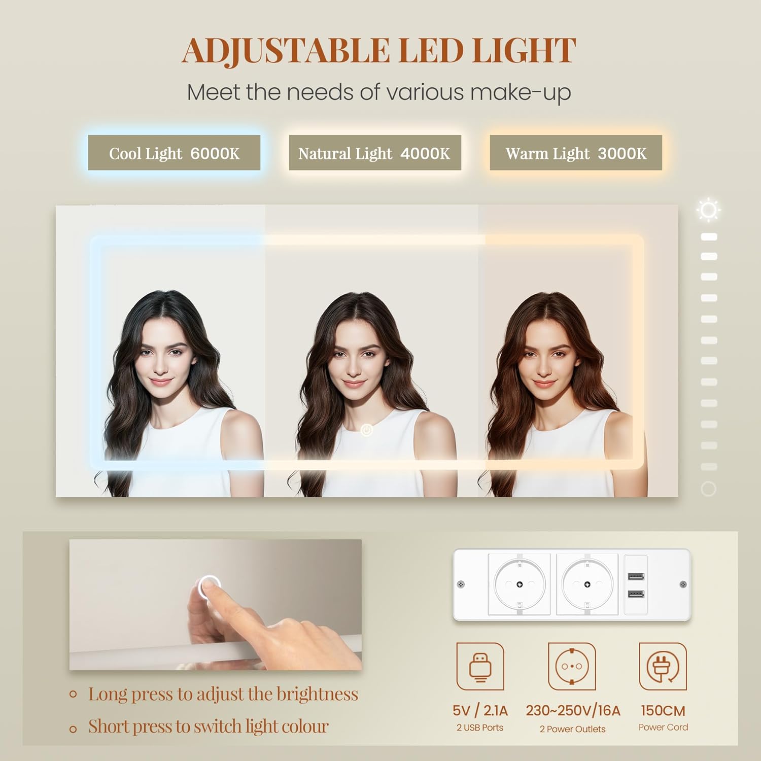 Dressing Table with Large Mirror, Dressing Table and Hair Dryer Holder, 8 Drawers, Open Compartments, 135 × 40 × 145.2 cm, Modern White/Silver Dressing Table