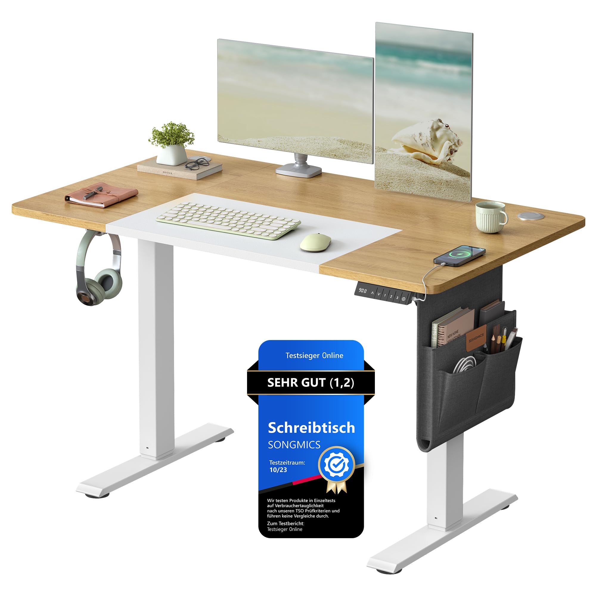 SONGMICS Höhenverstellbarer Schreibtisch elektrisch, 160 x 70 cm, stufenlos verstellbar, Memory-Funktion mit 4 Höhen, wolkenweiß LSD136W01
