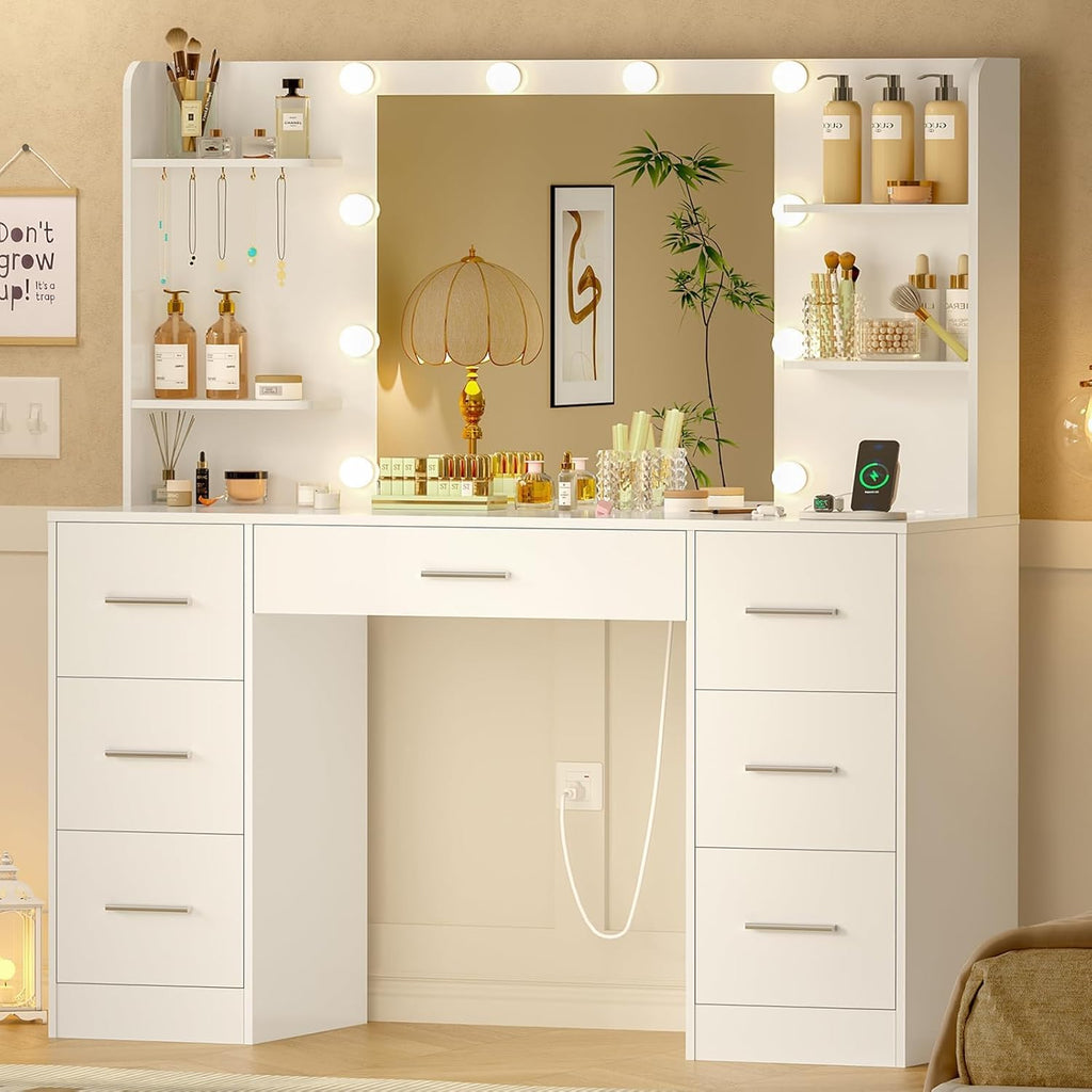 TEENFON Large Dressing Table with Adjustable LED Lighting and Sockets, Dressing Table with Mirror, 7 Drawers, 4 Open Shelves and 5 Jewellery Hooks for Bedroom, White