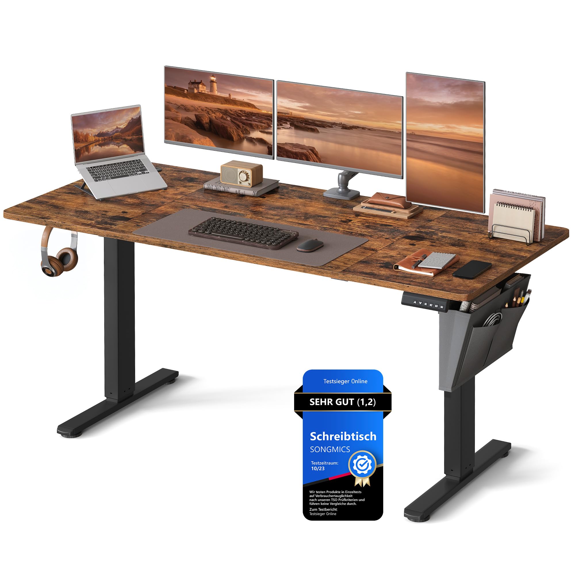 SONGMICS Höhenverstellbarer Schreibtisch elektrisch, 160 x 70 cm, stufenlos verstellbar, Memory-Funktion mit 4 Höhen, wolkenweiß LSD136W01