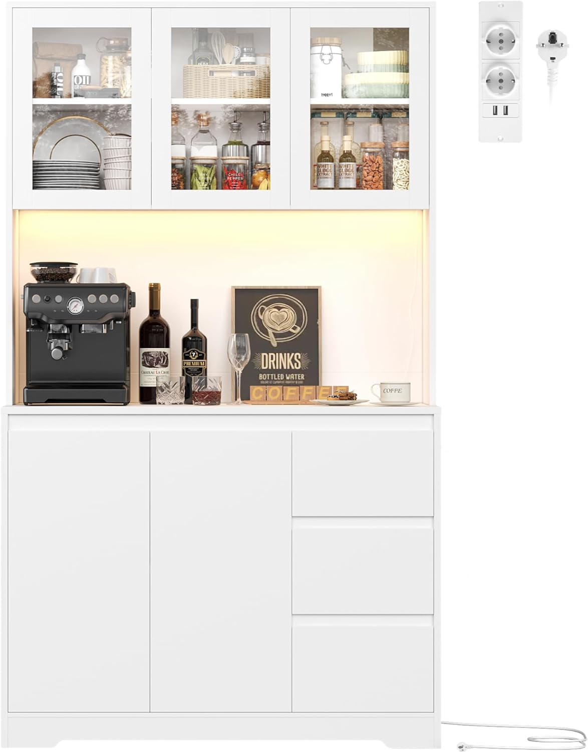 FirFurd Küchenschrank Buffetschrank mit LED Sideboard für Küche mit Steckdosenleiste Küchenschrank mit Arbeitsplatte und 3 Schubladen Küchenbuffet mit Verstellbares Regal 180x100x38.5 cm weiß