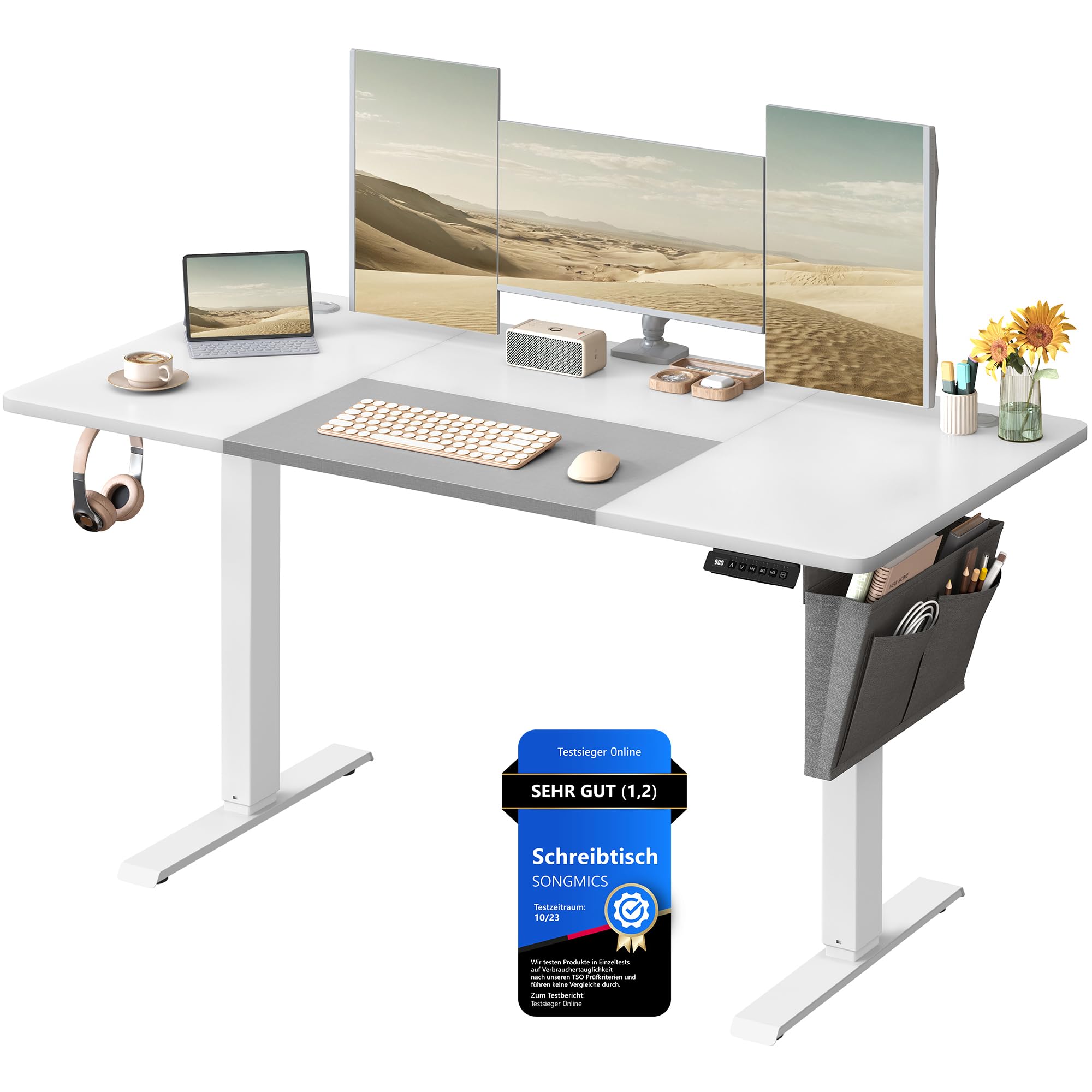 SONGMICS Höhenverstellbarer Schreibtisch elektrisch, 160 x 70 cm, stufenlos verstellbar, Memory-Funktion mit 4 Höhen, wolkenweiß LSD136W01