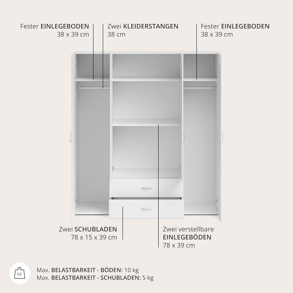 Stella Trading BASE Zeitloser Kleiderschrank in drei verschiedenen Größen - Vielseitiger Drehtürenschrank in Weiß - 160 x 177 x 52 cm (B/H/T)