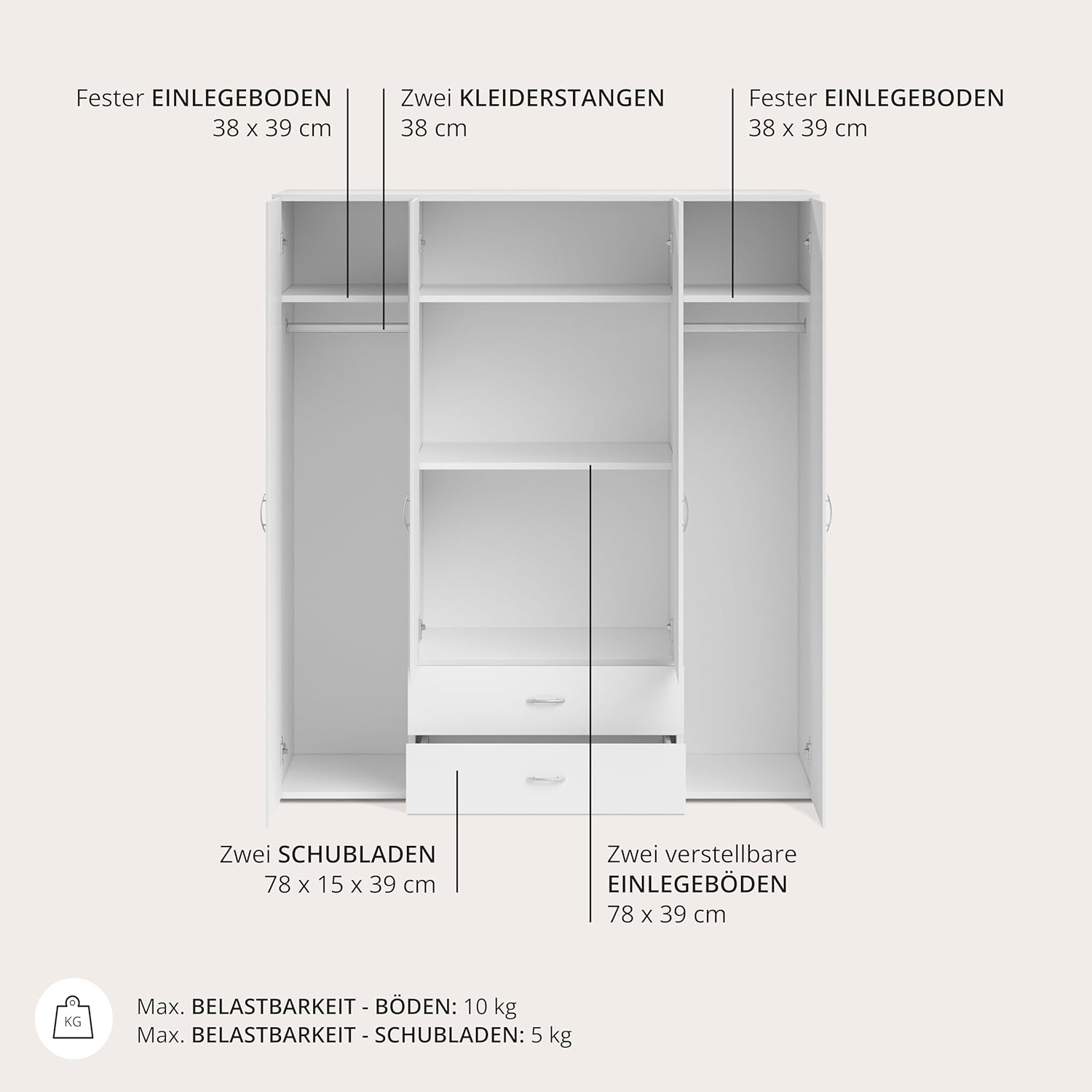 Stella Trading BASE Zeitloser Kleiderschrank in drei verschiedenen Größen - Vielseitiger Drehtürenschrank in Weiß - 160 x 177 x 52 cm (B/H/T)