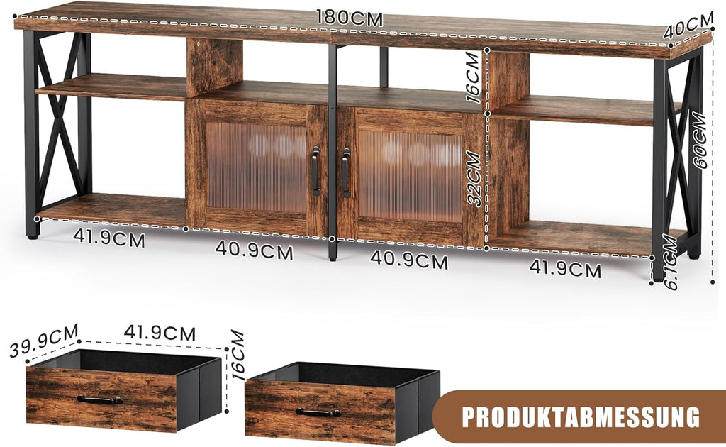 Generisch TV Cabinet, Industrial Style TV Board, 180 cm TV Stand with Two Cabinets, for 60/65/70 Inch TV, Wooden Lowboards for Living Room, Dining Room, and Bedroom