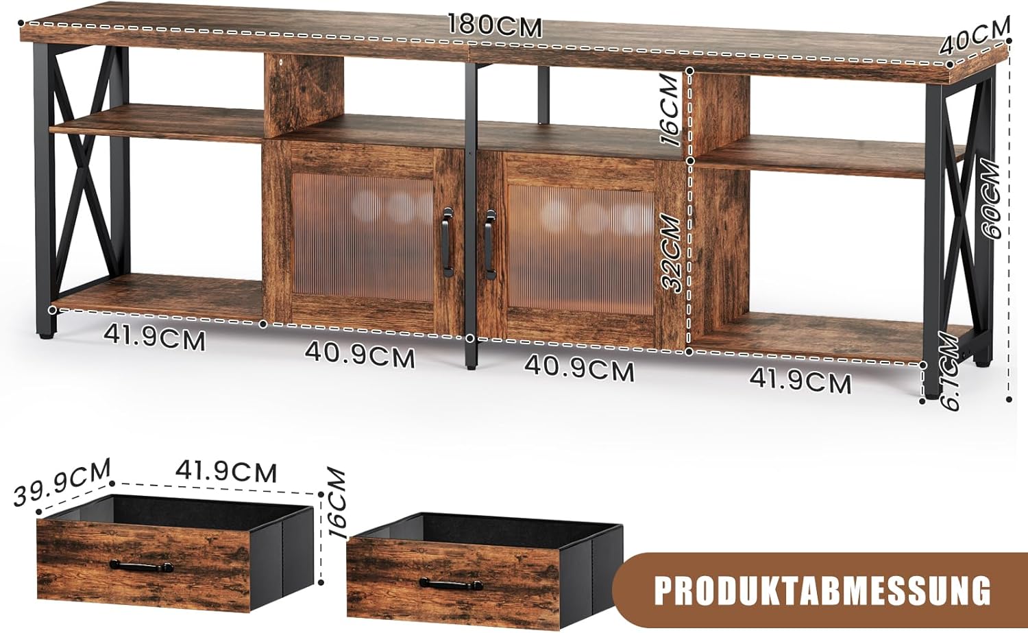 Generisch TV Cabinet, Industrial Style TV Board, 180 cm TV Stand with Two Cabinets, for 60/65/70 Inch TV, Wooden Lowboards for Living Room, Dining Room, and Bedroom