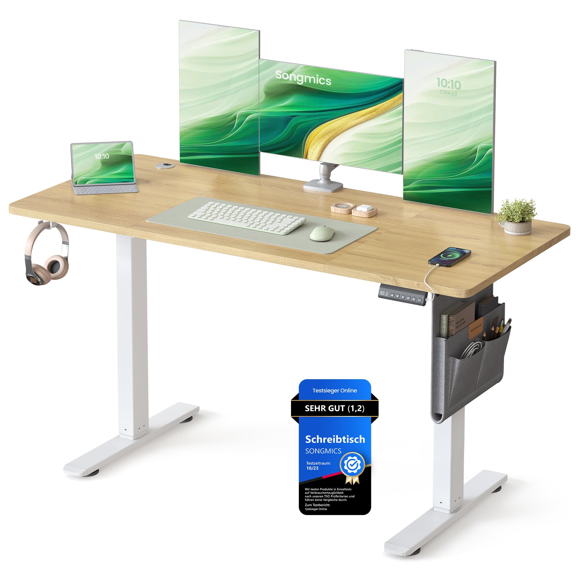 SONGMICS Höhenverstellbarer Schreibtisch elektrisch, 160 x 70 cm, stufenlos verstellbar, Memory-Funktion mit 4 Höhen, wolkenweiß LSD136W01