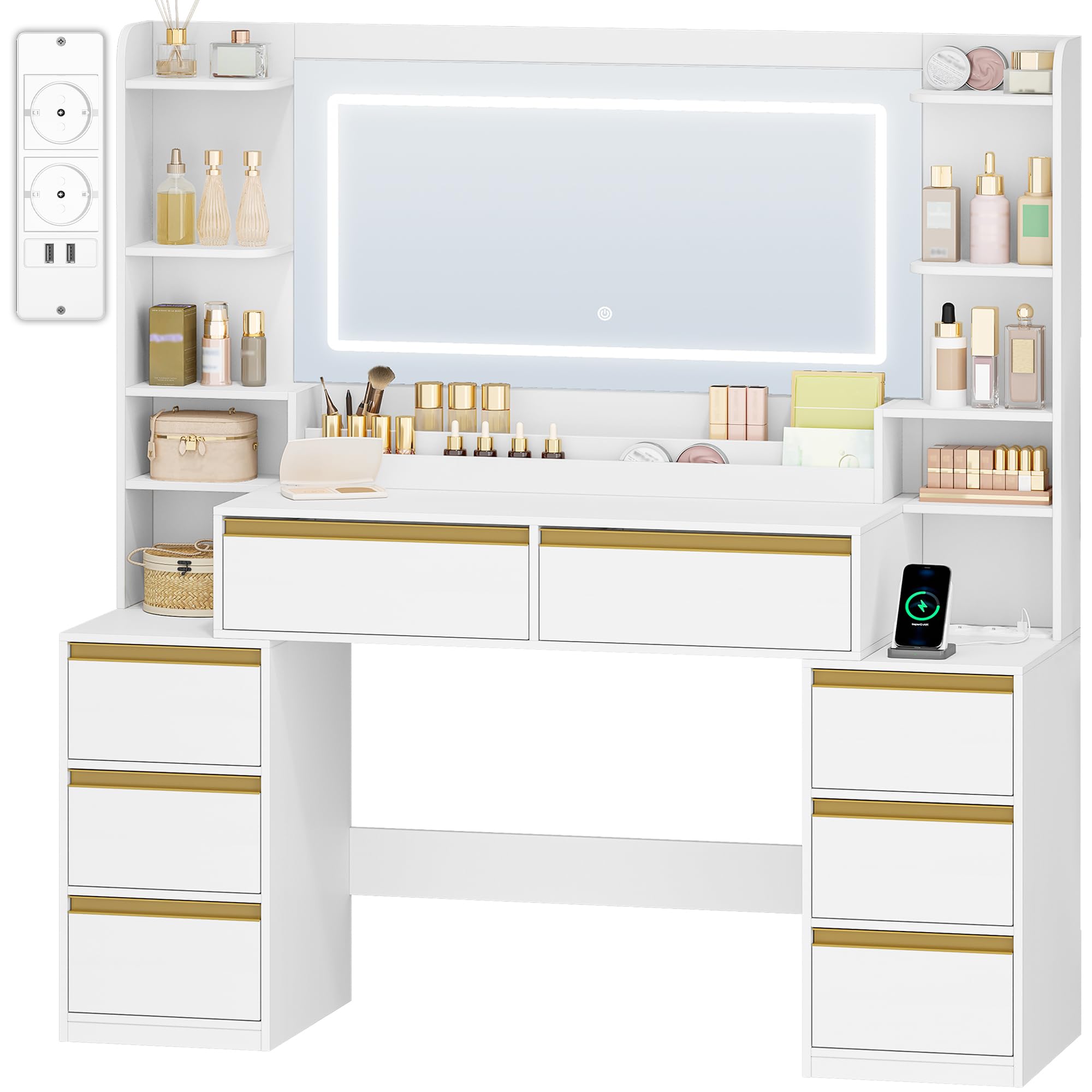 Dressing Table with Large Mirror, Dressing Table and Hair Dryer Holder, 8 Drawers, Open Compartments, 135 × 40 × 145.2 cm, Modern White/Silver Dressing Table