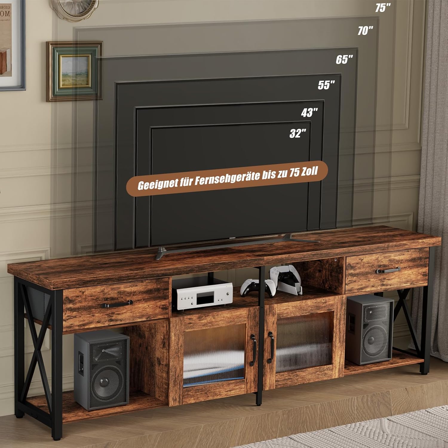 Generisch TV Cabinet, Industrial Style TV Board, 180 cm TV Stand with Two Cabinets, for 60/65/70 Inch TV, Wooden Lowboards for Living Room, Dining Room, and Bedroom