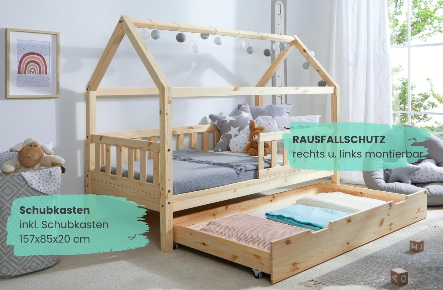 TiCAA Kinderbett Hausbett Montessori Kay 90x200, 100x200 cm, 120x200 cm, 140x200 für Jungen & Mädchen mit Schubladen, Rausfallschutz & Rolllattenrost - aus Kiefer Massivholz für Kinderzimmer