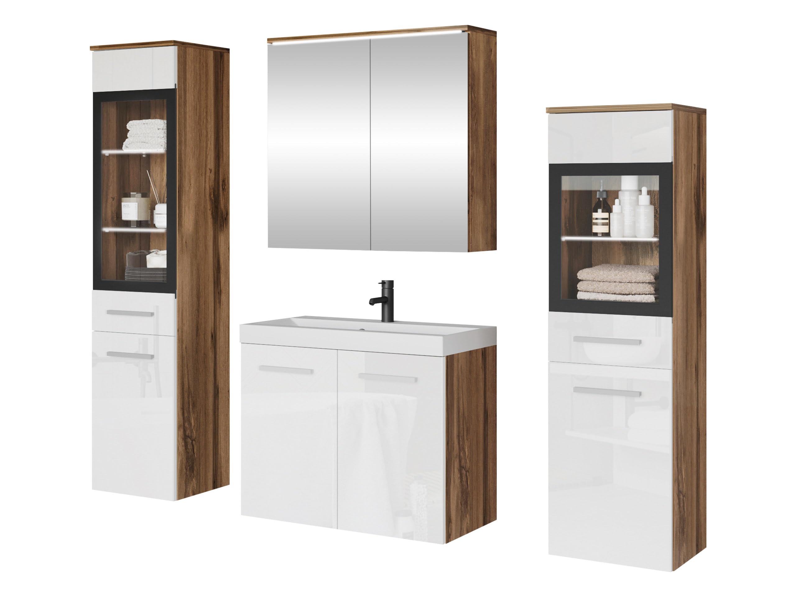 Mirjan24 Badmöbel Set Madrit II mit Waschbecken und Siphon, Komplettprogramme für Spiegelschrank, Waschtisch, Hochschrank (Kastanien Breslau/Grau Hochglanz, ohne Beleuchtung)