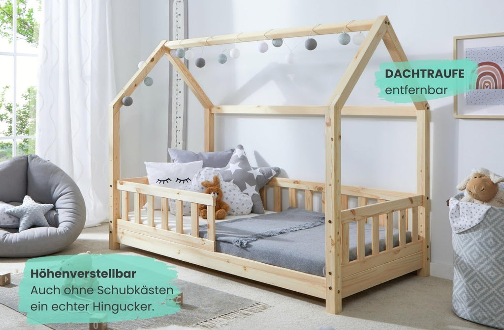 TiCAA Kinderbett Hausbett Montessori Kay 90x200, 100x200 cm, 120x200 cm, 140x200 für Jungen & Mädchen mit Schubladen, Rausfallschutz & Rolllattenrost - aus Kiefer Massivholz für Kinderzimmer