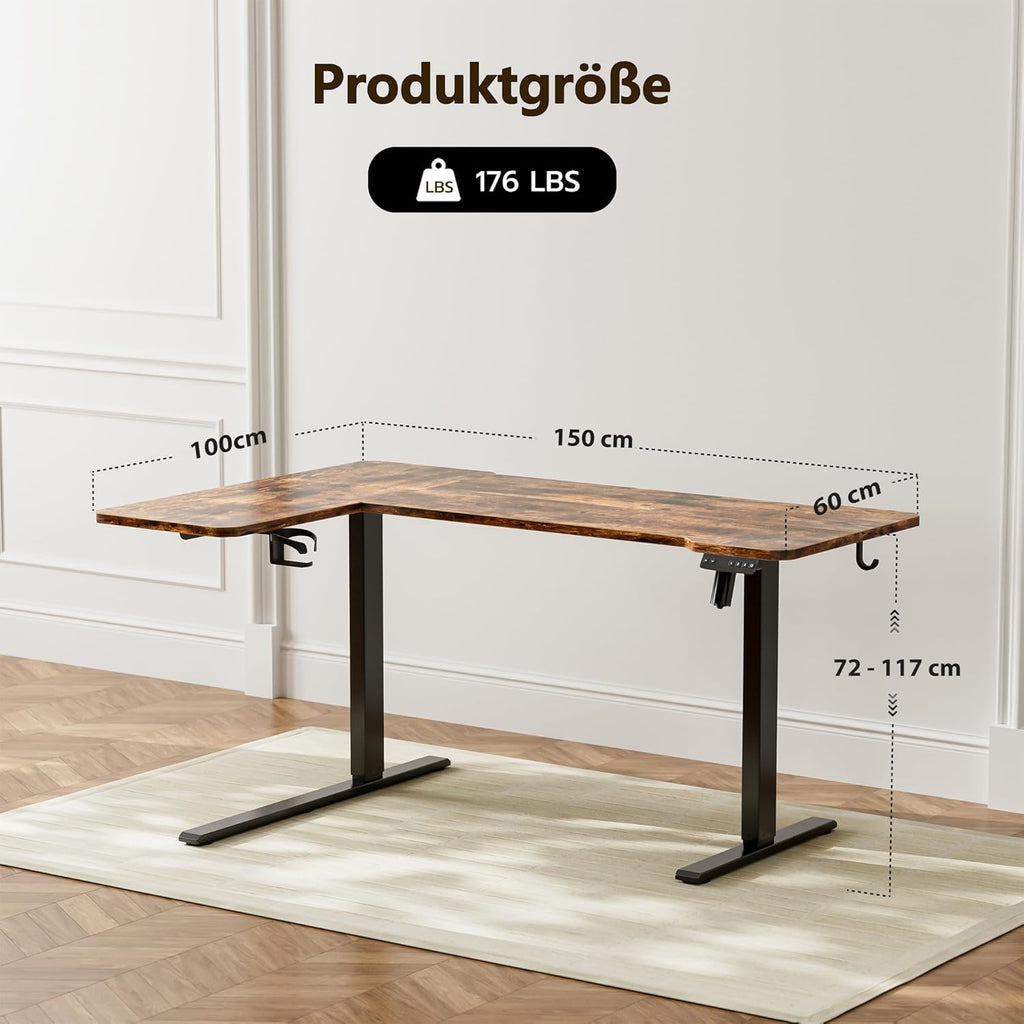 Eckschreibtisch Höhenverstellbarer Schreibtisch L Form,150 X 100 cm Elektrischer Höhenverstellbar Ergonomischer Schreibtisch L mit Getränkehaltern und Haken Stabiles Bürotisch, Braun