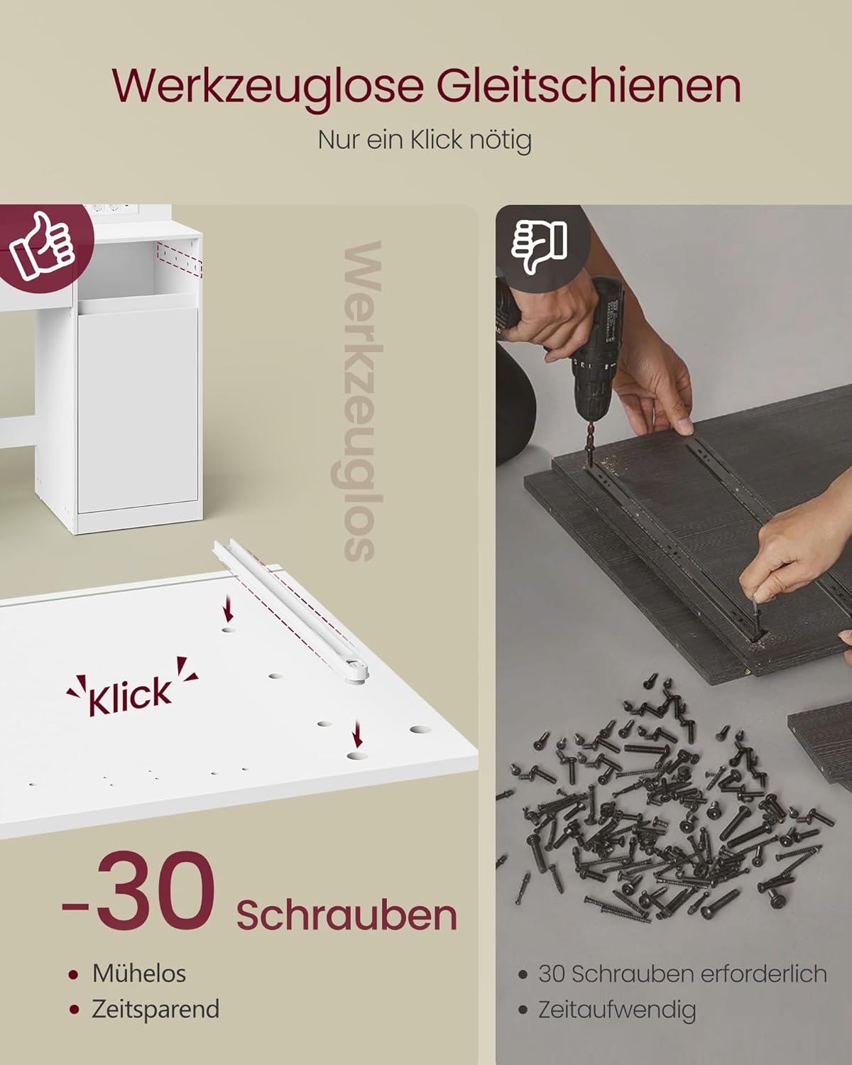 VASAGLE Kailyn Collection RDT142WB02 Dressing Table with Mirror and LED Lights, Power Strip, 2 Cabinets, 9 Dimmable Bulbs, 3 Light Colours, Tool-Free Slide Rails, Cloud White