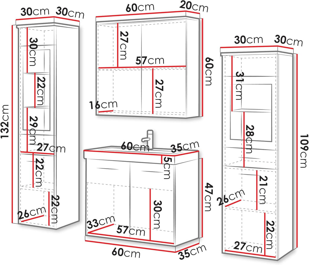 Mirjan24 Badmöbel Set Madrit II mit Waschbecken und Siphon, Komplettprogramme für Spiegelschrank, Waschtisch, Hochschrank (Kastanien Breslau/Grau Hochglanz, ohne Beleuchtung)