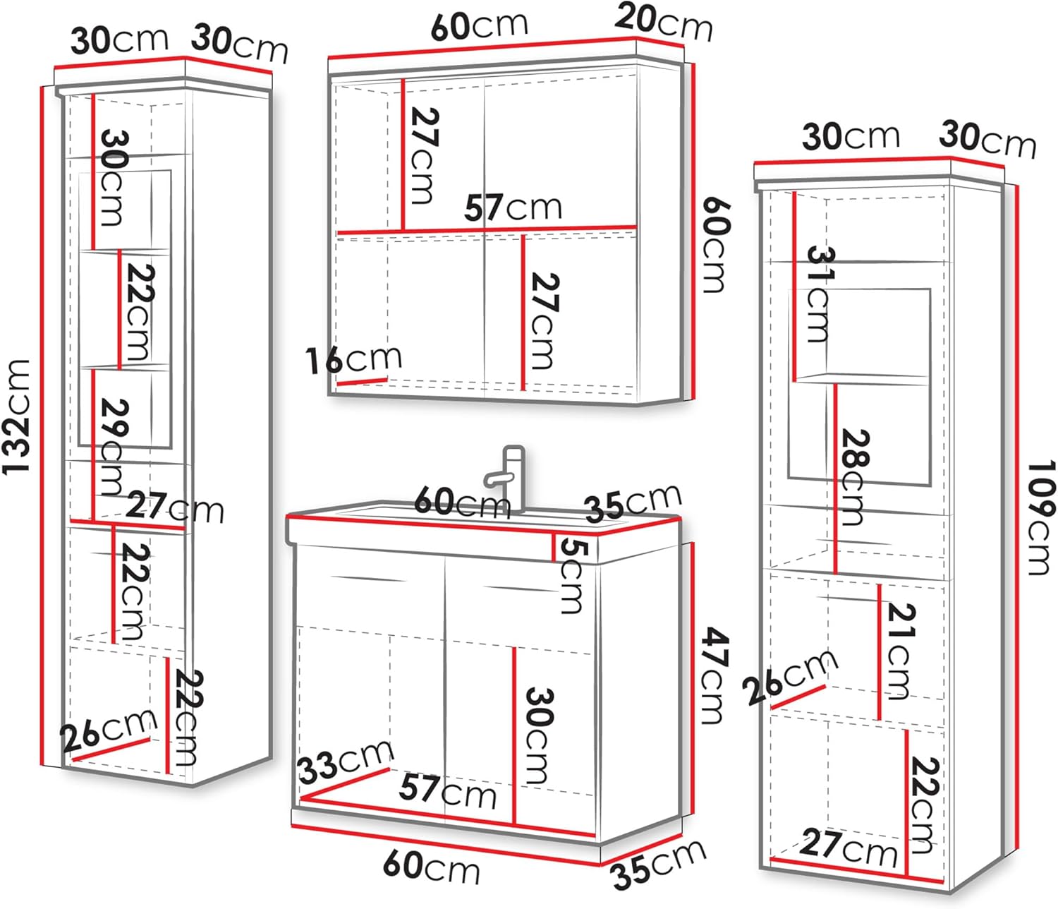Mirjan24 Badmöbel Set Madrit II mit Waschbecken und Siphon, Komplettprogramme für Spiegelschrank, Waschtisch, Hochschrank (Kastanien Breslau/Grau Hochglanz, ohne Beleuchtung)