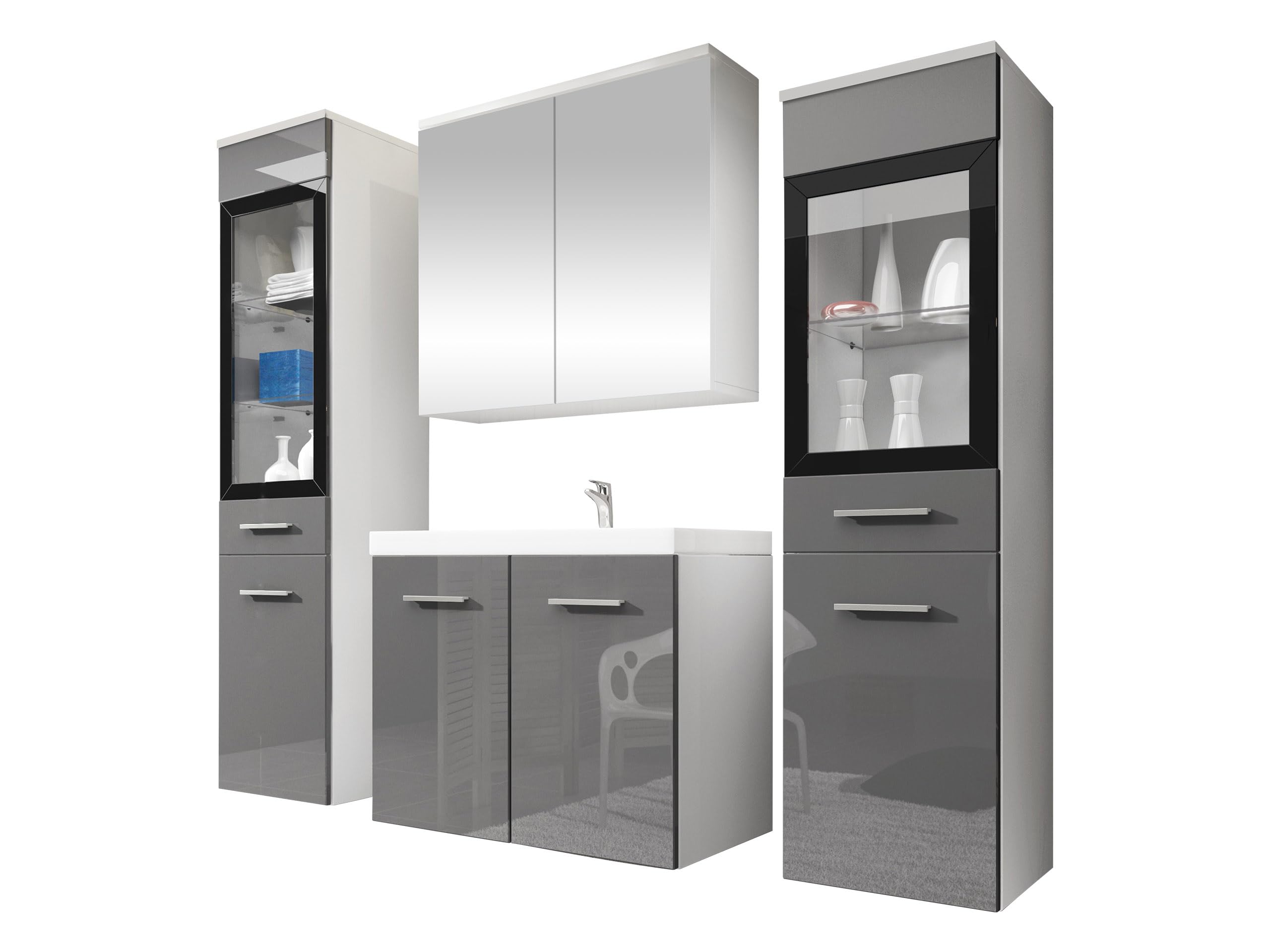 Mirjan24 Badmöbel Set Madrit II mit Waschbecken und Siphon, Komplettprogramme für Spiegelschrank, Waschtisch, Hochschrank (Kastanien Breslau/Grau Hochglanz, ohne Beleuchtung)