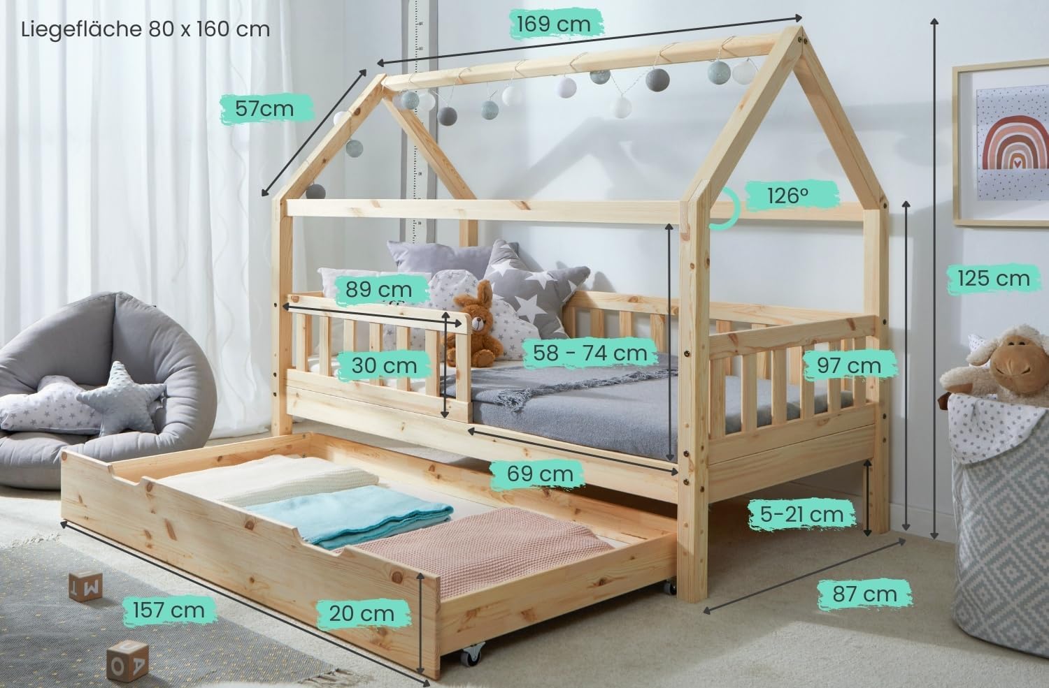 TiCAA Kinderbett Hausbett Montessori Kay 90x200, 100x200 cm, 120x200 cm, 140x200 für Jungen & Mädchen mit Schubladen, Rausfallschutz & Rolllattenrost - aus Kiefer Massivholz für Kinderzimmer
