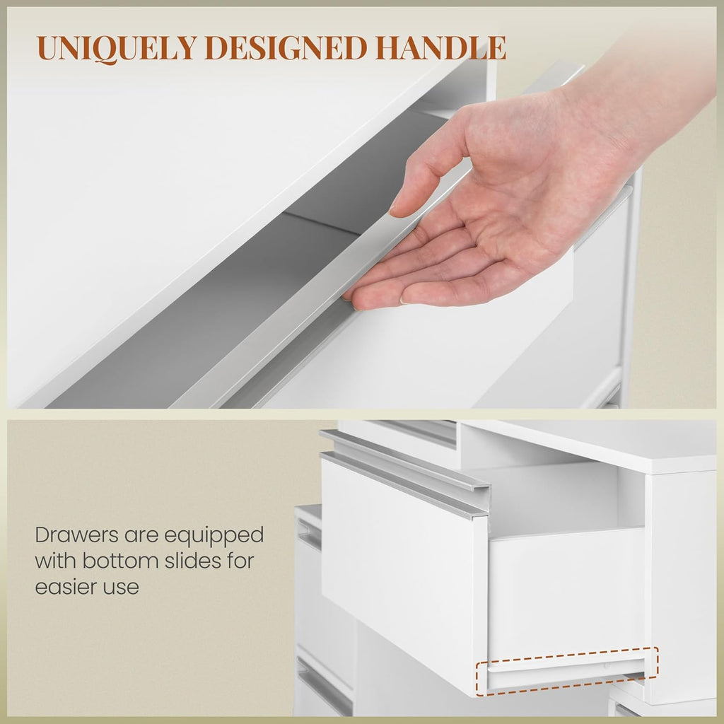 Dressing Table with Large Mirror, Dressing Table and Hair Dryer Holder, 8 Drawers, Open Compartments, 135 × 40 × 145.2 cm, Modern White/Silver Dressing Table