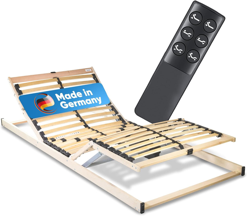 Komfort Lattenrost elektrisch verstellbar 80x200 – 28 Birkenholzleisten für erholsamen Schlaf – 100 Nächte Probeschlafen – Lattenrost elektrisch Made in Germany