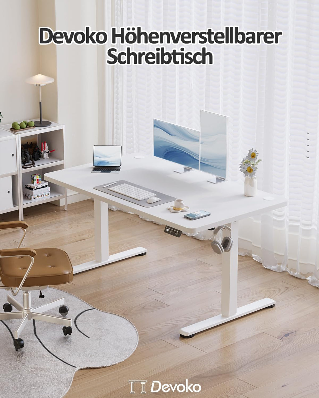 Devoko Höhenverstellbarer Schreibtisch, Elektrischer Schreibtisch Höhenverstellbar Tisch, Steh-Sitz Bürotisch, Computertisch mit Memory-Funktion, Stehpult, Standing Desk, Bürotisch,120 x 60 cm,Weiß