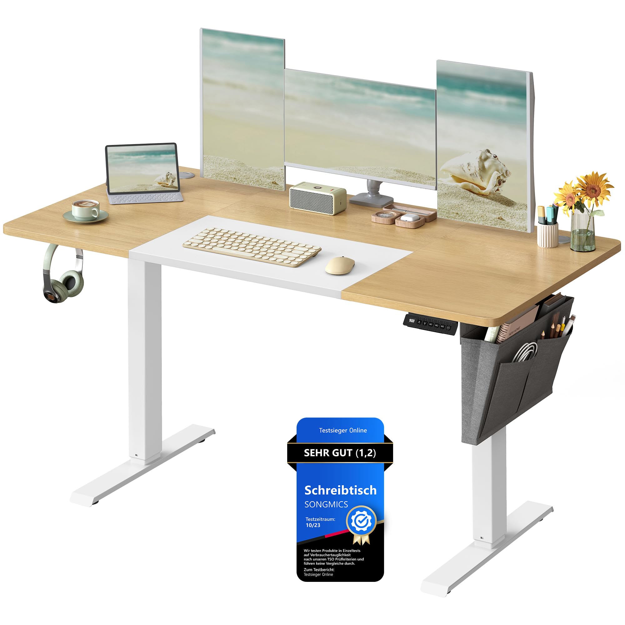 SONGMICS Höhenverstellbarer Schreibtisch elektrisch, 160 x 70 cm, stufenlos verstellbar, Memory-Funktion mit 4 Höhen, wolkenweiß LSD136W01