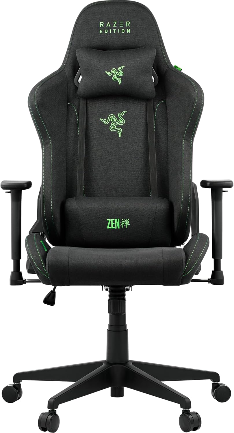 Razer Edition TAROK Essentials X Cloth PC Gaming Stuhl Stoff - atmungsaktiver Stoffbezug, Softcoat 1D Armlehnen, Wippfunktion, Lendenkissen und Kopfkissen, bis 130kg, schwarz
