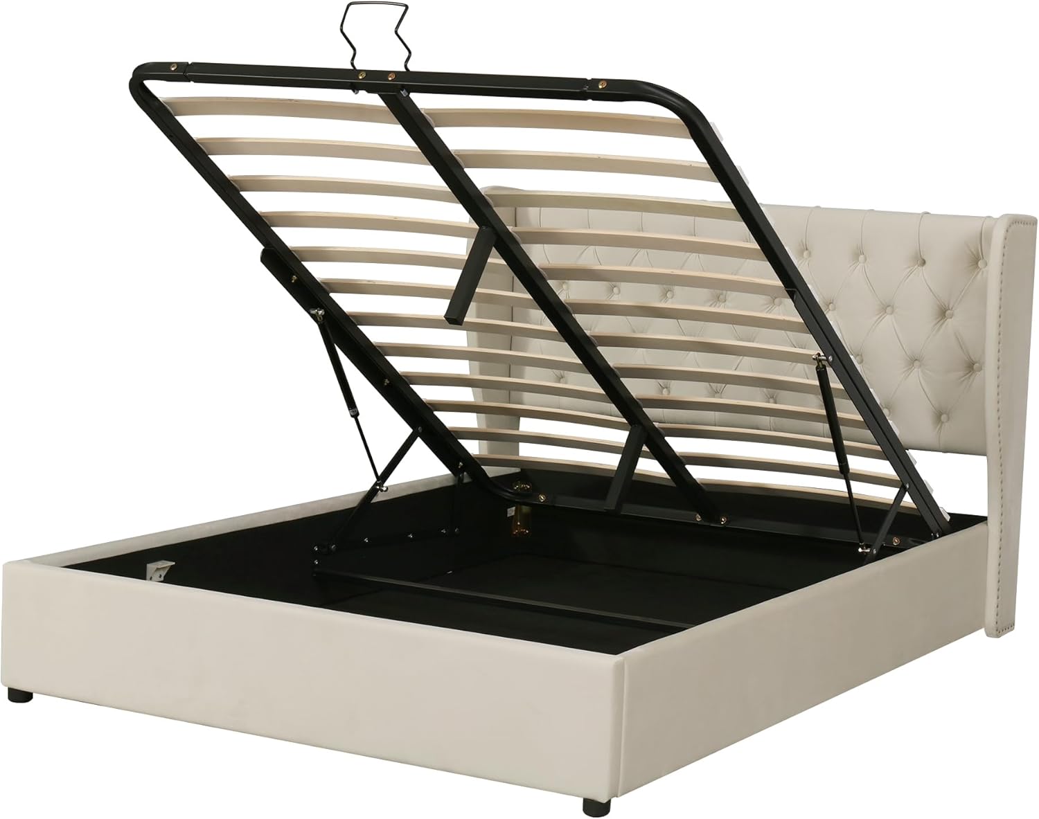 Merax Polsterbett 140x200cm mit Stauraum, Doppelbett mit Kopfteil und Lattenrost, Hydraulisches Funktionsbett für Jugend, Erwachsene, Samtstoff, Beige (Ohne Matratze)