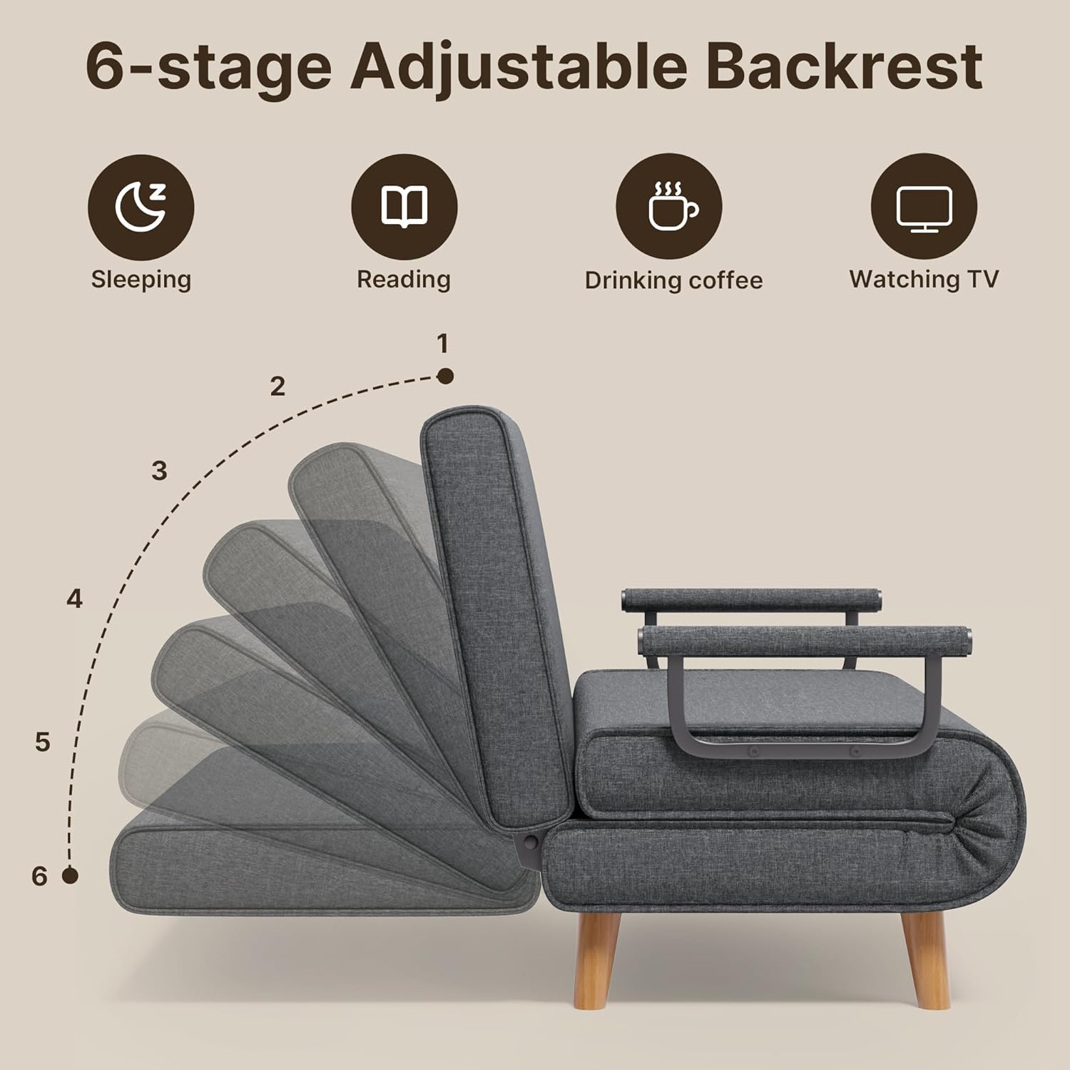 Xbro Schlafsofa 2-Sitzer mit Bettfunktion, Schlafsessel mit Bettfunktion mit Verstellbarer Rückenlehne und 2 Kissen, Sessel mit schlaffunktio für kleine Wohnung (Dunkelgrau)