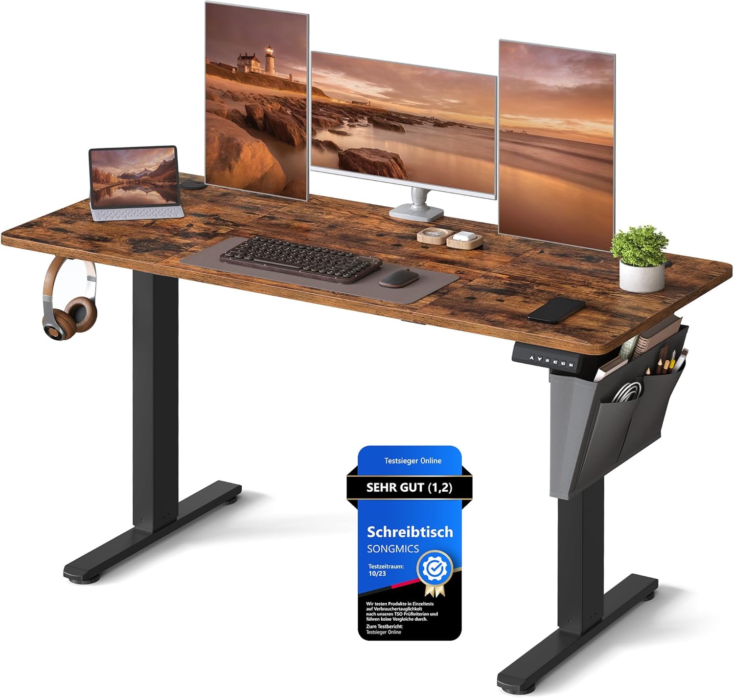 SONGMICS Höhenverstellbarer Schreibtisch elektrisch, 140 x 60 cm, stufenlos verstellbar, Memory-Funktion mit 4 Höhen, vintagebraun LSD134K01