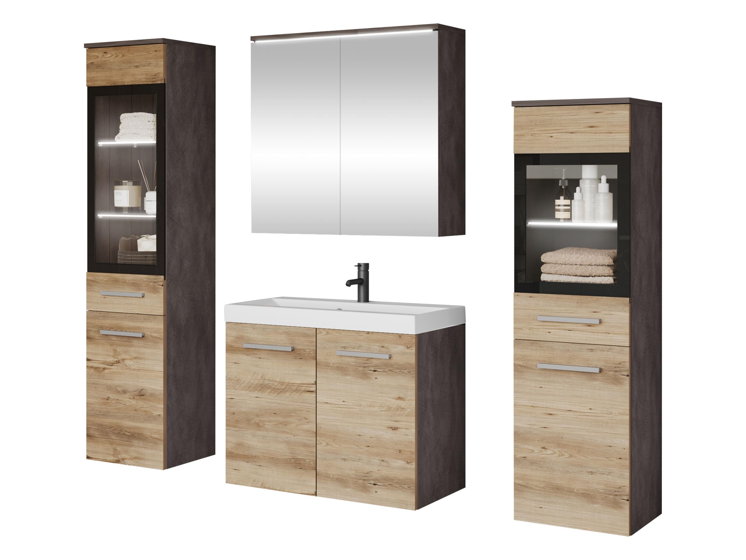 Mirjan24 Badmöbel Set Madrit II mit Waschbecken und Siphon, Komplettprogramme für Spiegelschrank, Waschtisch, Hochschrank (Kastanien Breslau/Grau Hochglanz, ohne Beleuchtung)