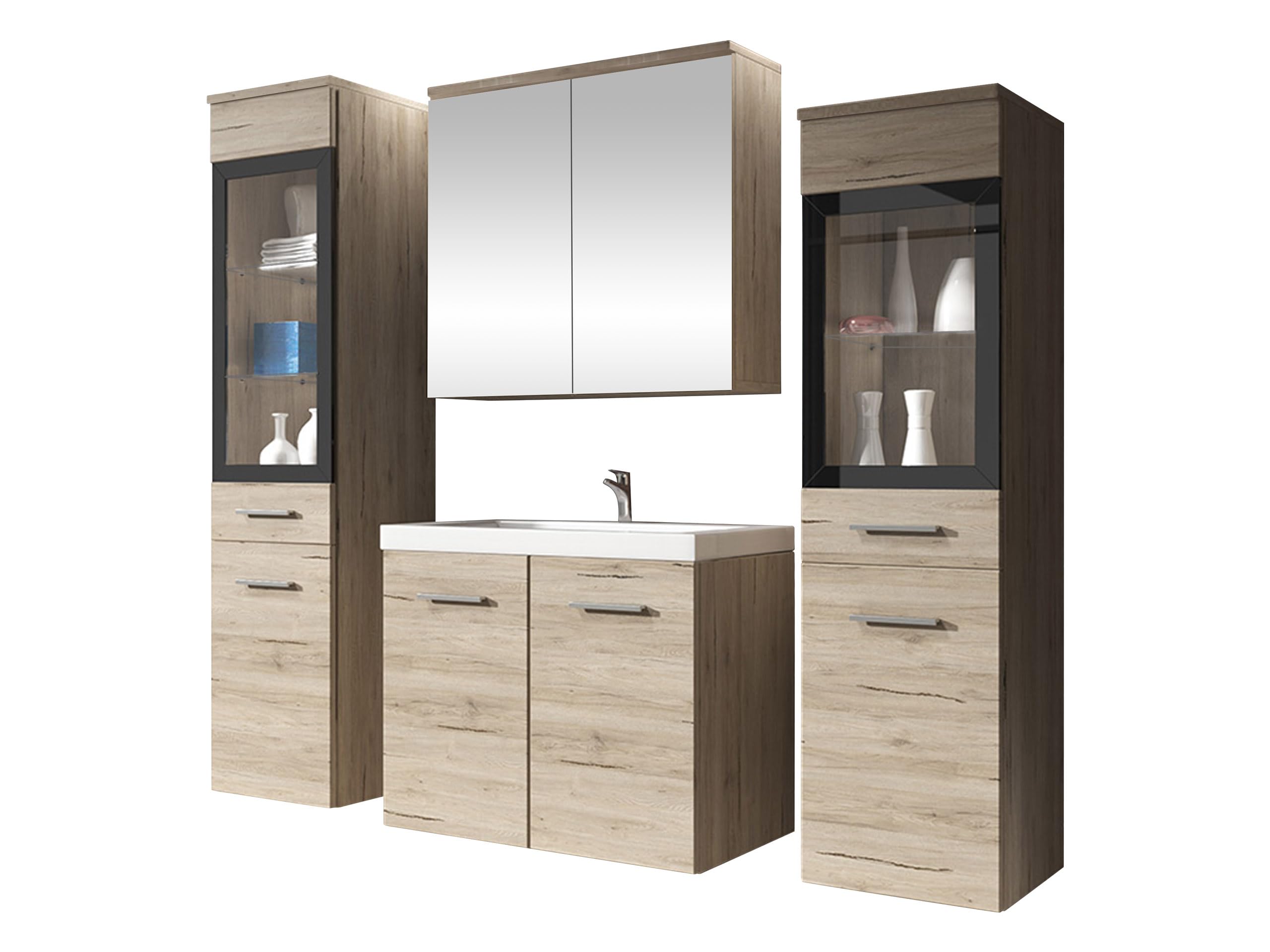 Mirjan24 Badmöbel Set Madrit II mit Waschbecken und Siphon, Komplettprogramme für Spiegelschrank, Waschtisch, Hochschrank (Kastanien Breslau/Grau Hochglanz, ohne Beleuchtung)