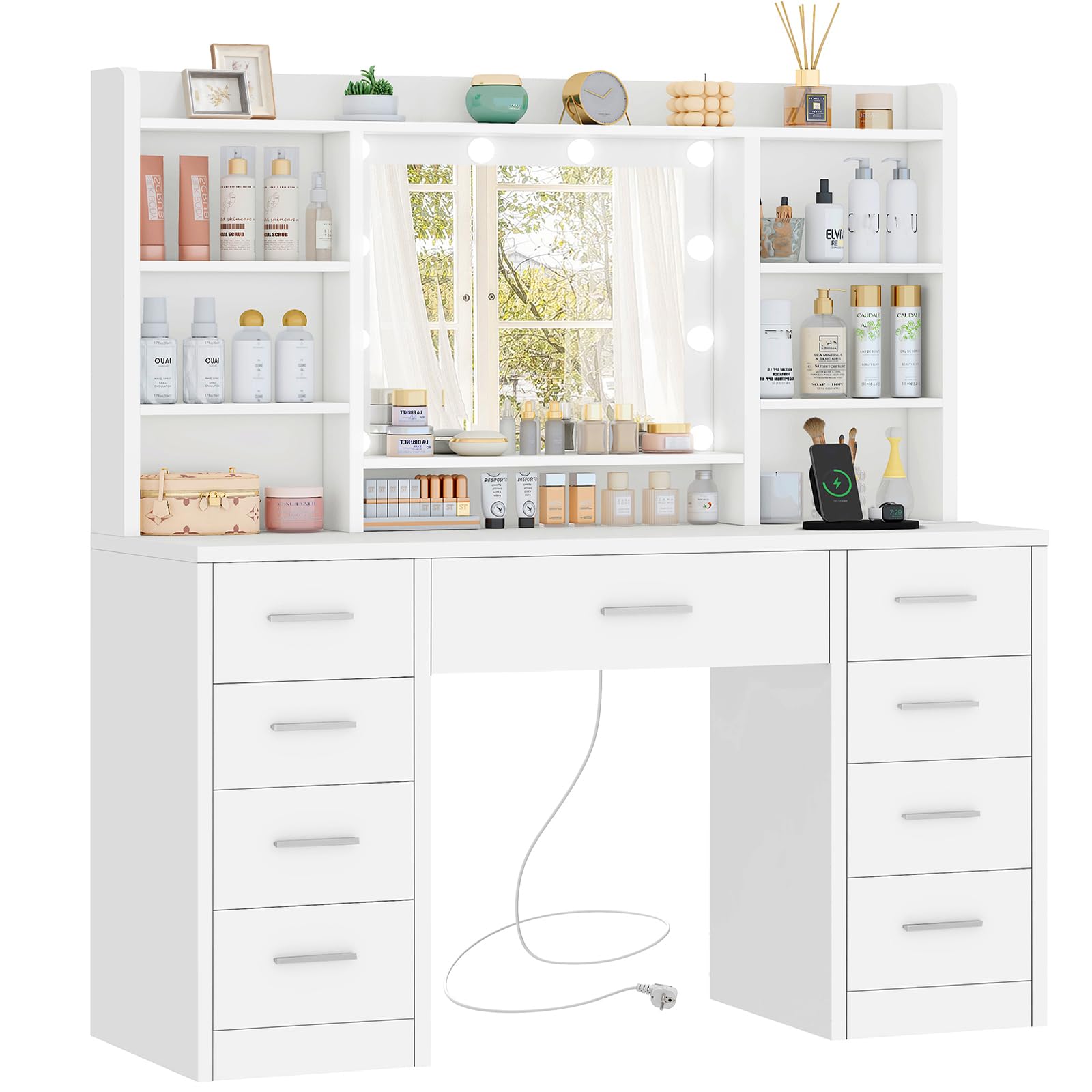 TEENFON Large Dressing Table with Adjustable LED Lighting and Sockets, Dressing Table with Mirror, 7 Drawers, 4 Open Shelves and 5 Jewellery Hooks for Bedroom, White