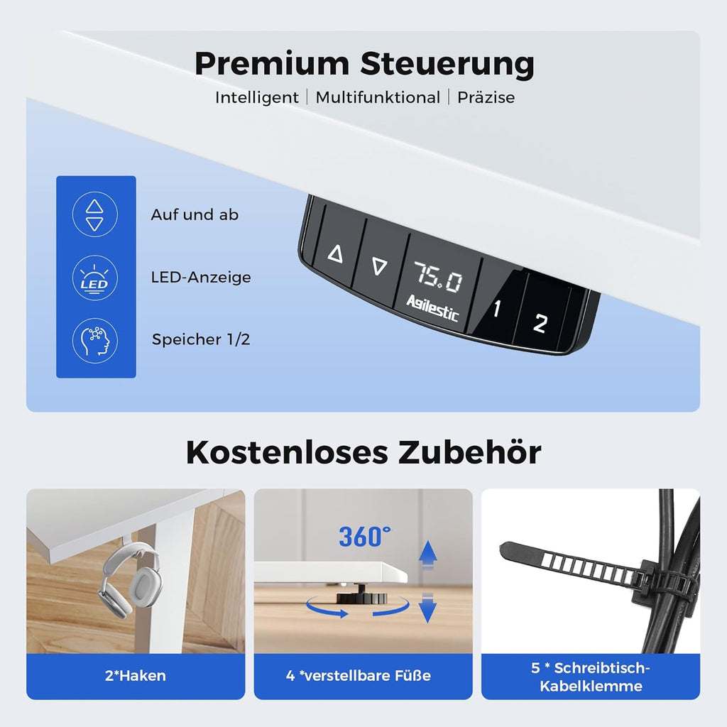Agilestic Höhenverstellbarer Schreibtisch 120 x 60 cm, Stabiler Schreibtisch Höhenverstellbar Elektrisch mit Memory-Handsteuerung, Ergonomischer Steh-Sitz Tisch Computertisch, Weiß