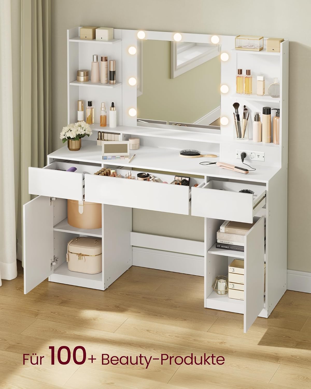 VASAGLE Kailyn Collection RDT142WB02 Dressing Table with Mirror and LED Lights, Power Strip, 2 Cabinets, 9 Dimmable Bulbs, 3 Light Colours, Tool-Free Slide Rails, Cloud White