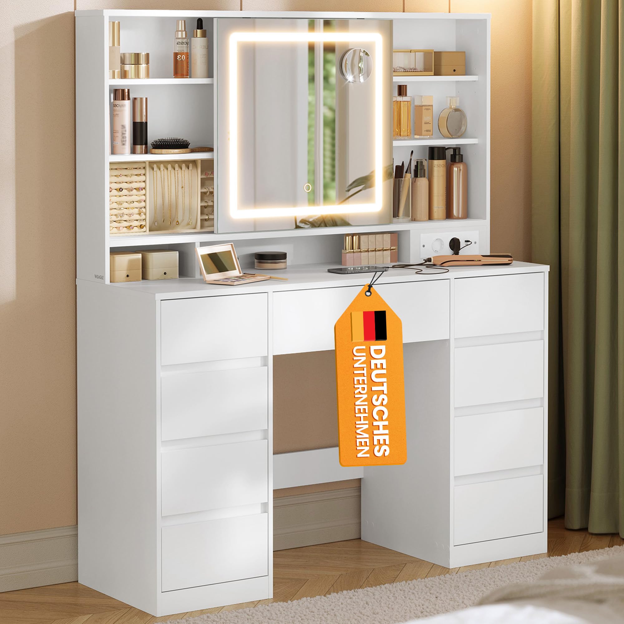 VASAGLE Kailyn Collection RDT142WB02 Dressing Table with Mirror and LED Lights, Power Strip, 2 Cabinets, 9 Dimmable Bulbs, 3 Light Colours, Tool-Free Slide Rails, Cloud White