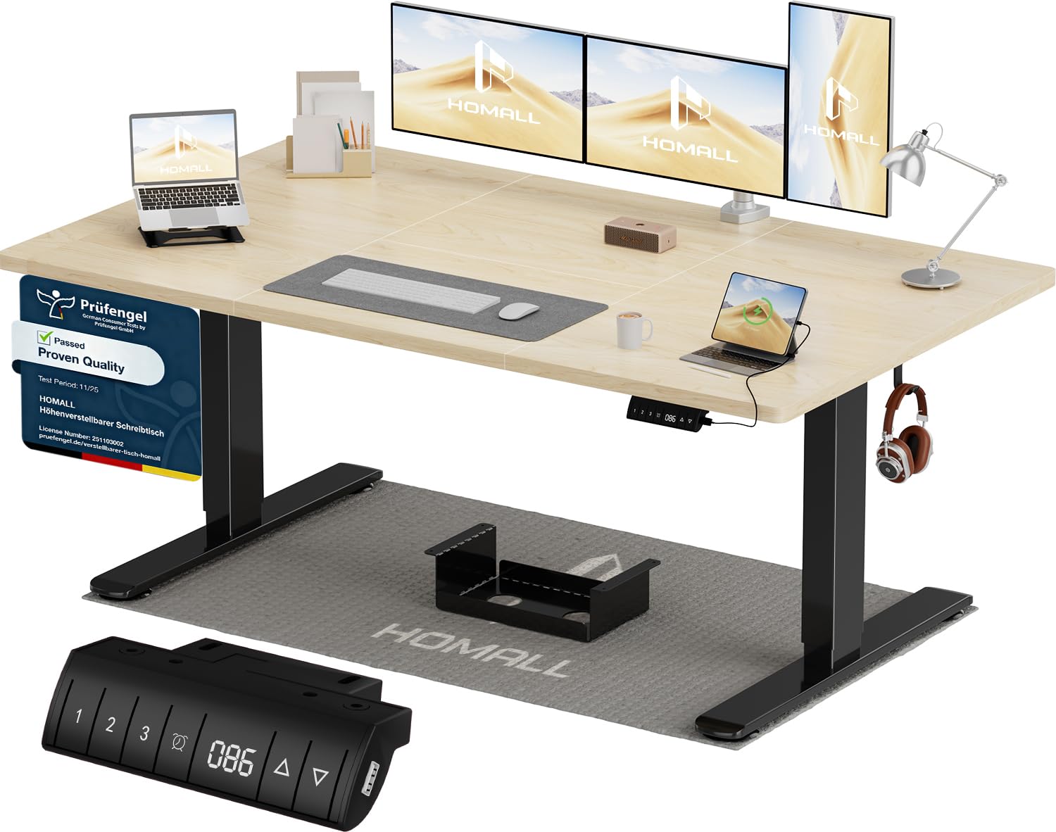 Homall Höhenverstellbarer Schreibtisch 140x70cm mit USB-A Ladeanschluss, Elektrischer Schreibtisch mit Kabel Management Tray, Standing Desk mit 3 Memory Funktion, Computertisch Beige