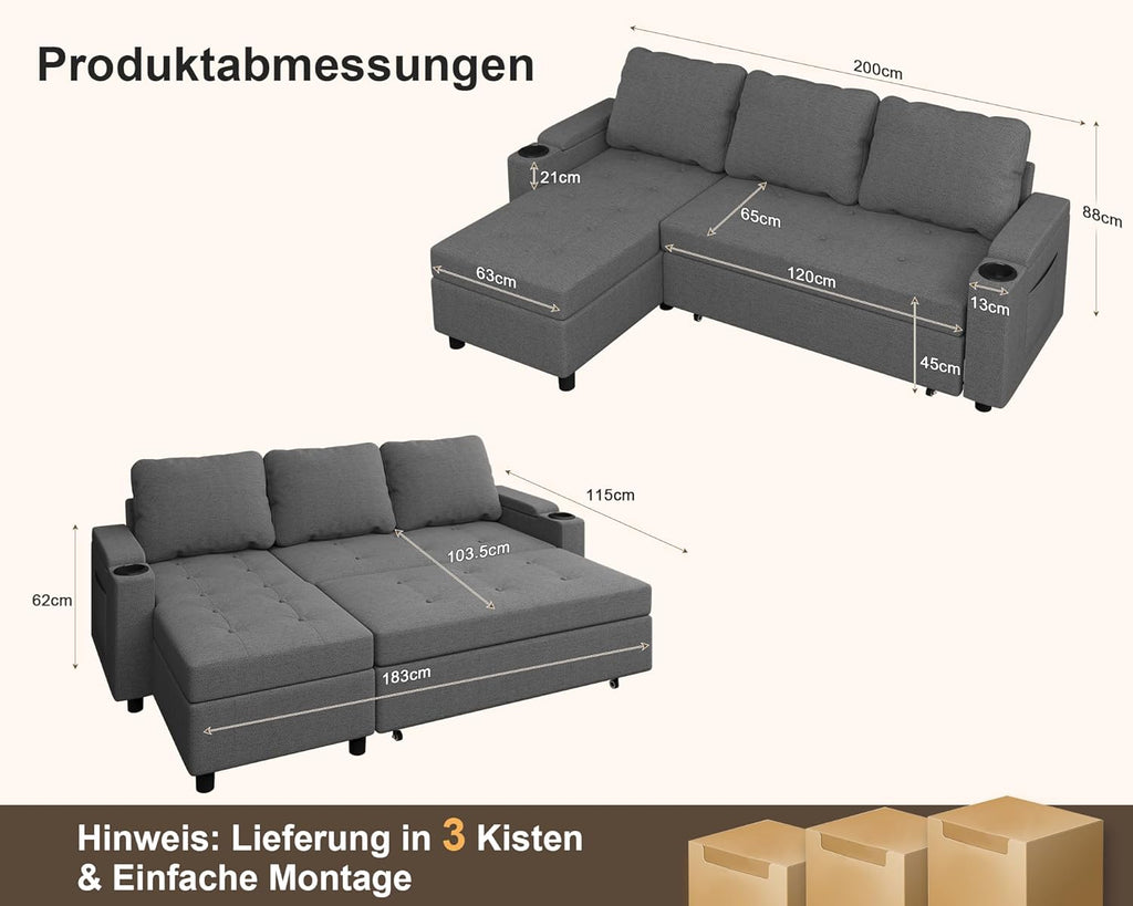 Devoko Ecksofa mit Schlaffunktion und Bettkasten 3 Sitzer Schlafsofa Ausziehbar L Form Couch klein Schlafcouch Wohnlandschaft für Wohnung und Wohnzimmer Dunkelgrau
